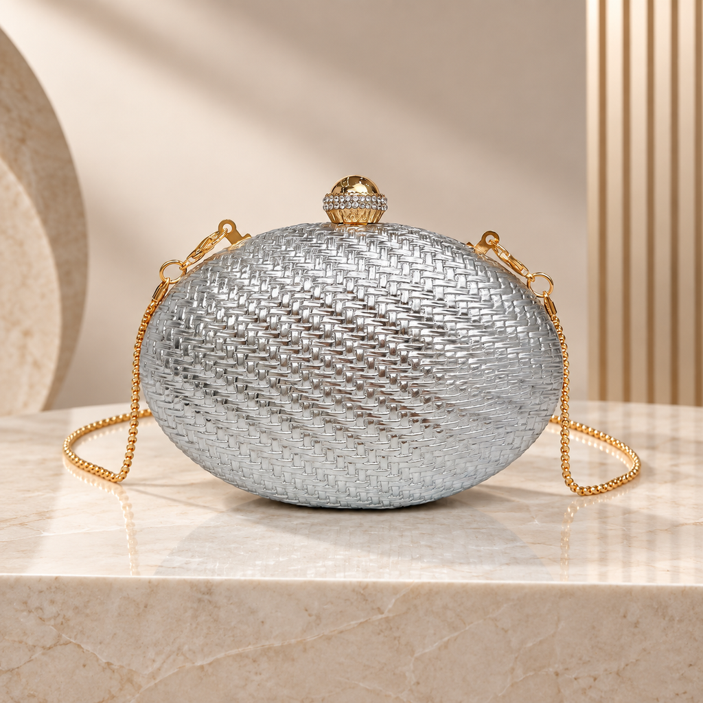Siena Oval Woven Evening Clutch with Crystal-Accent Clasp