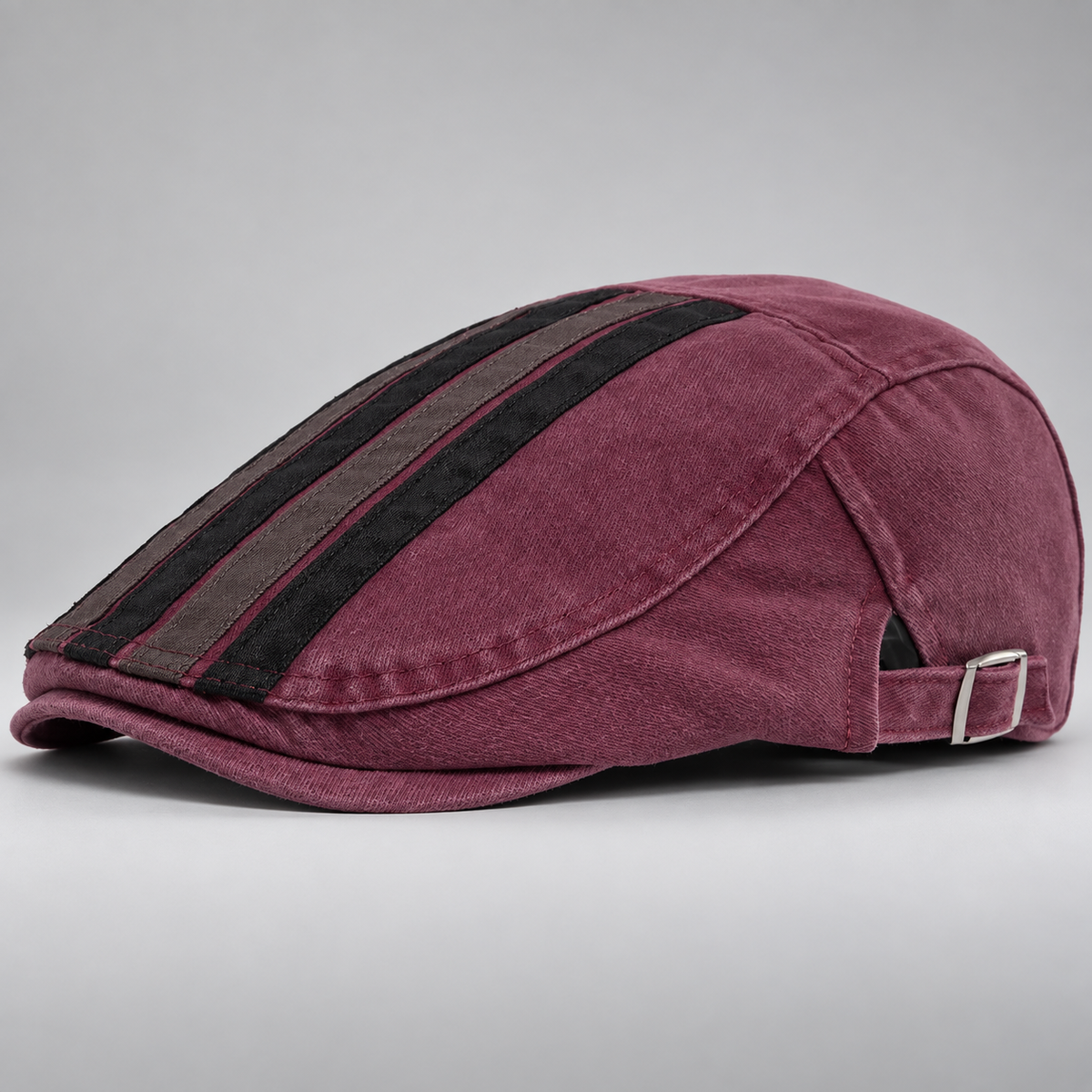 Alistair Washed Stripe Flat Cap with Adjustable Buckle