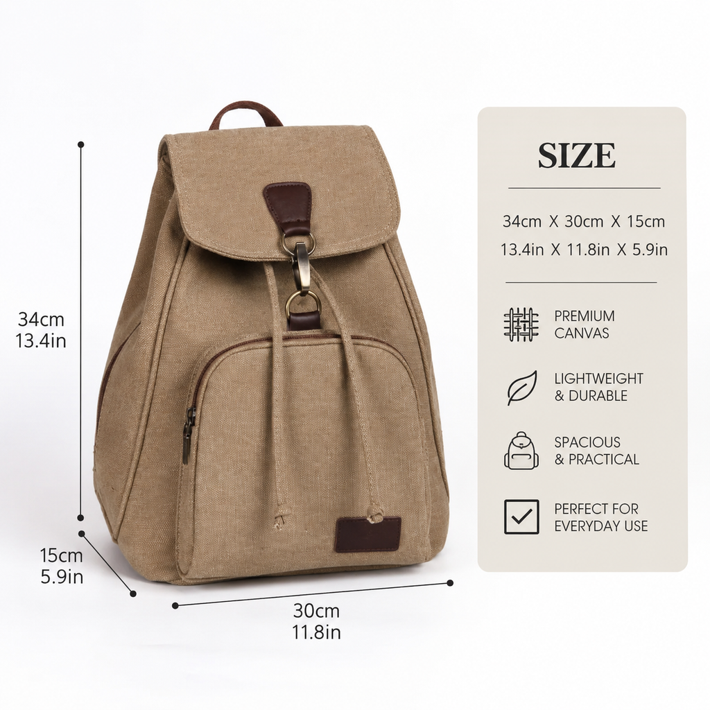 Marlowe Canvas Backpack – Drawstring Flap Rucksack with Front & Side Zip Pockets