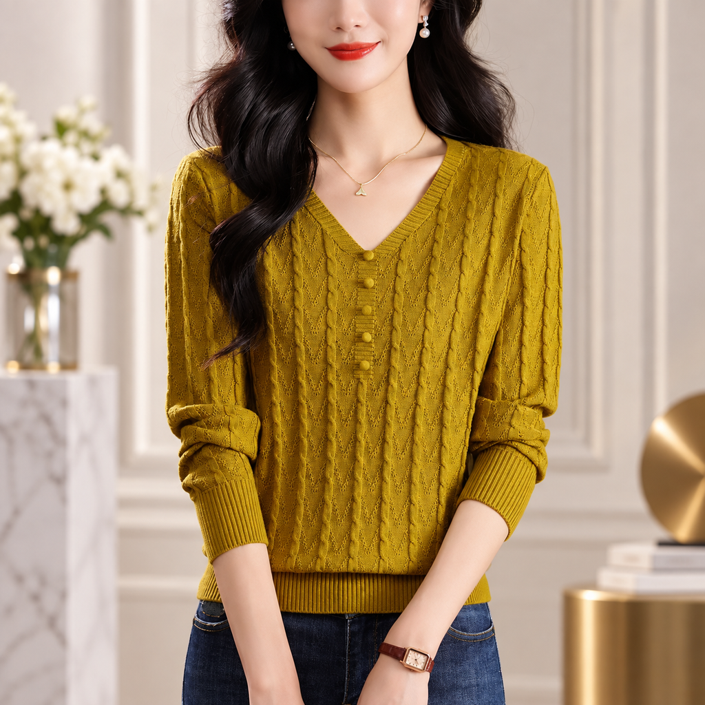 Francesca Women's Cable Knit V-Neck Sweater with Decorative Button Placket