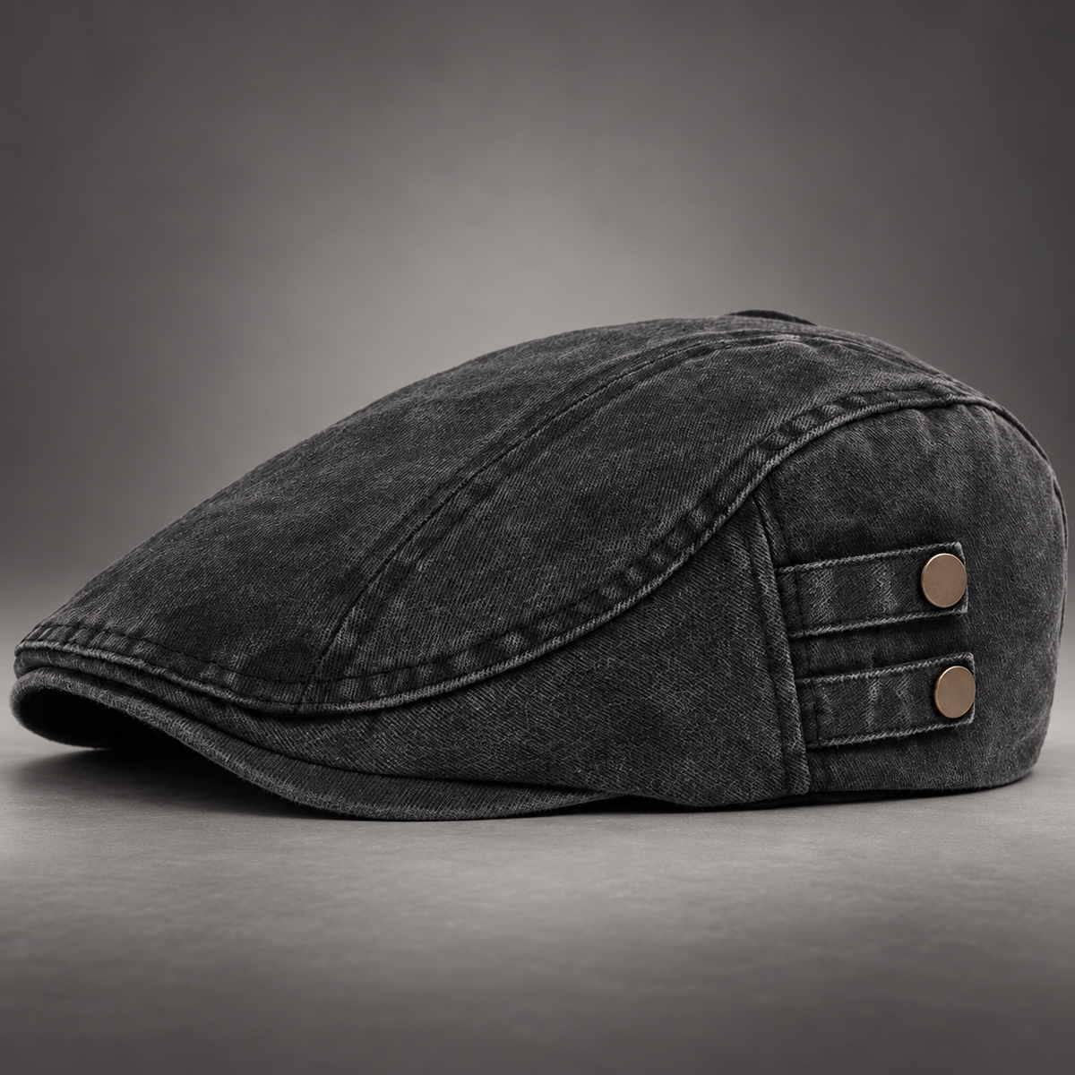 Bennett Washed Cotton Flat Cap with Side Button Detail