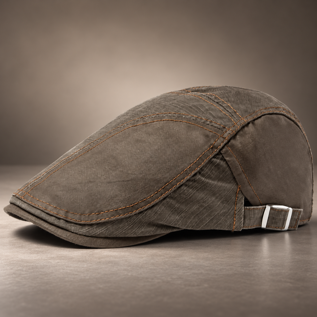 Ronan Men’s Washed Flat Cap – Adjustable Contrast Stitch Driving Hat
