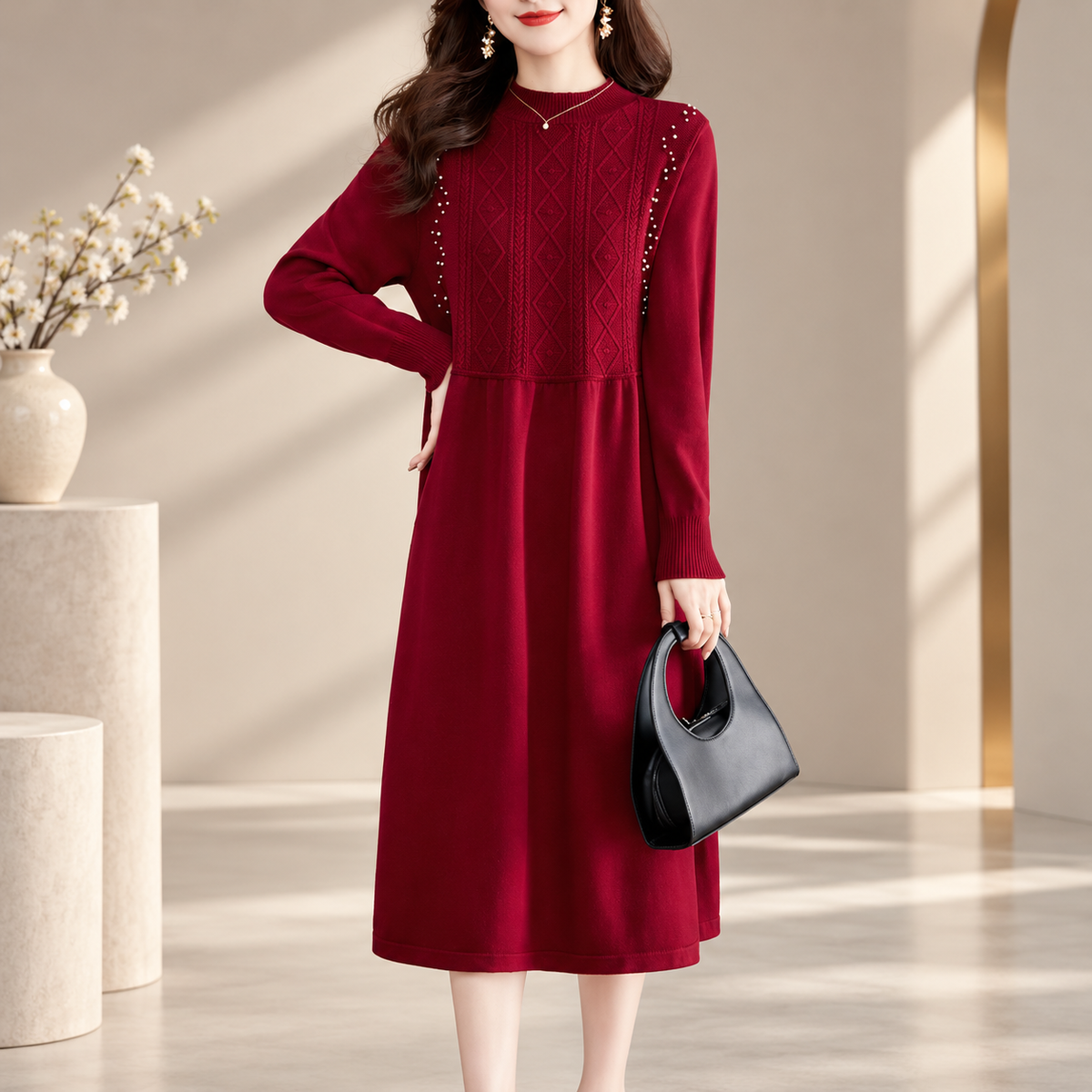 Camilla Women's Embellished Cable Knit Midi Dress with Long Sleeves
