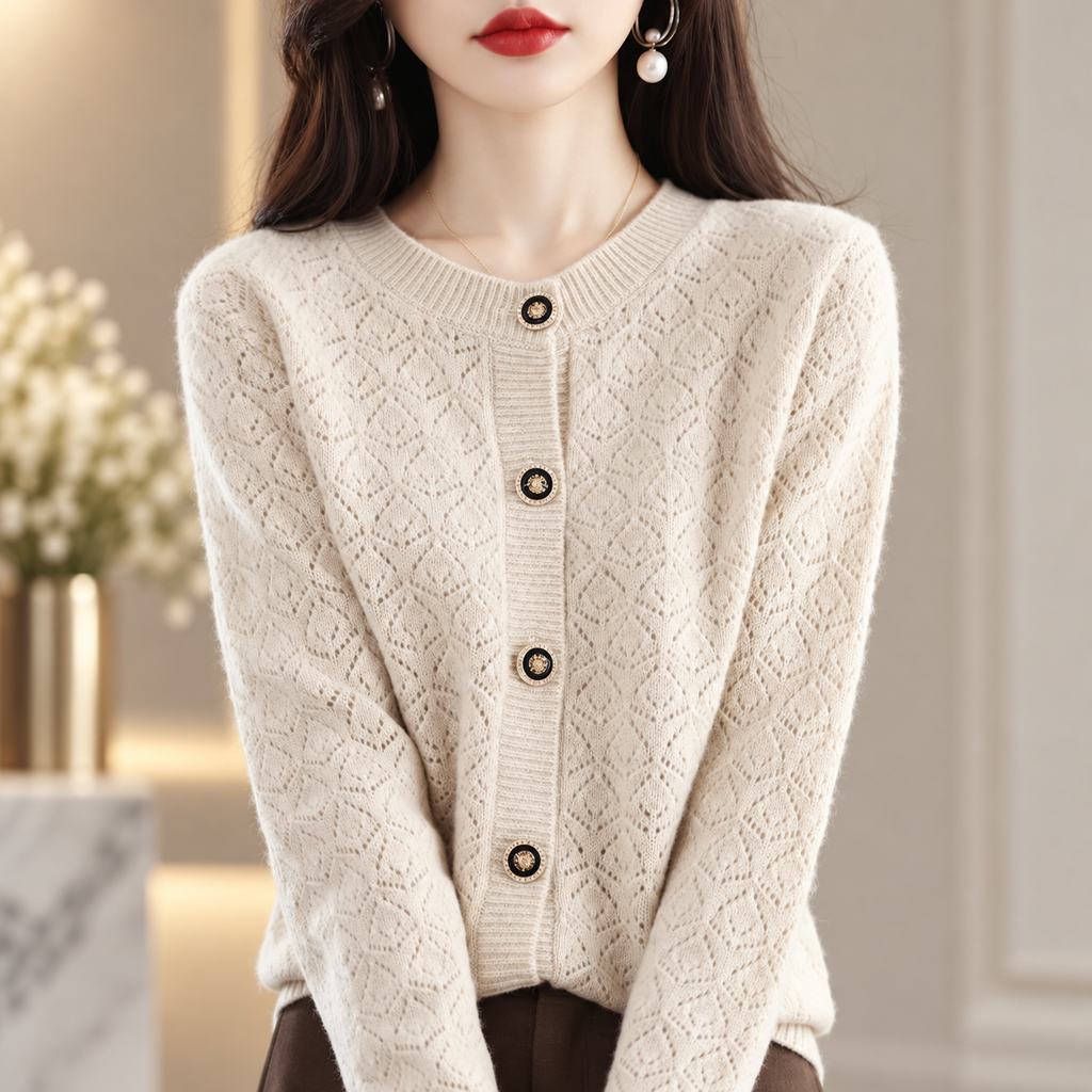 Amelie Women's Pointelle Knit Button-Front Cardigan with Decorative Buttons