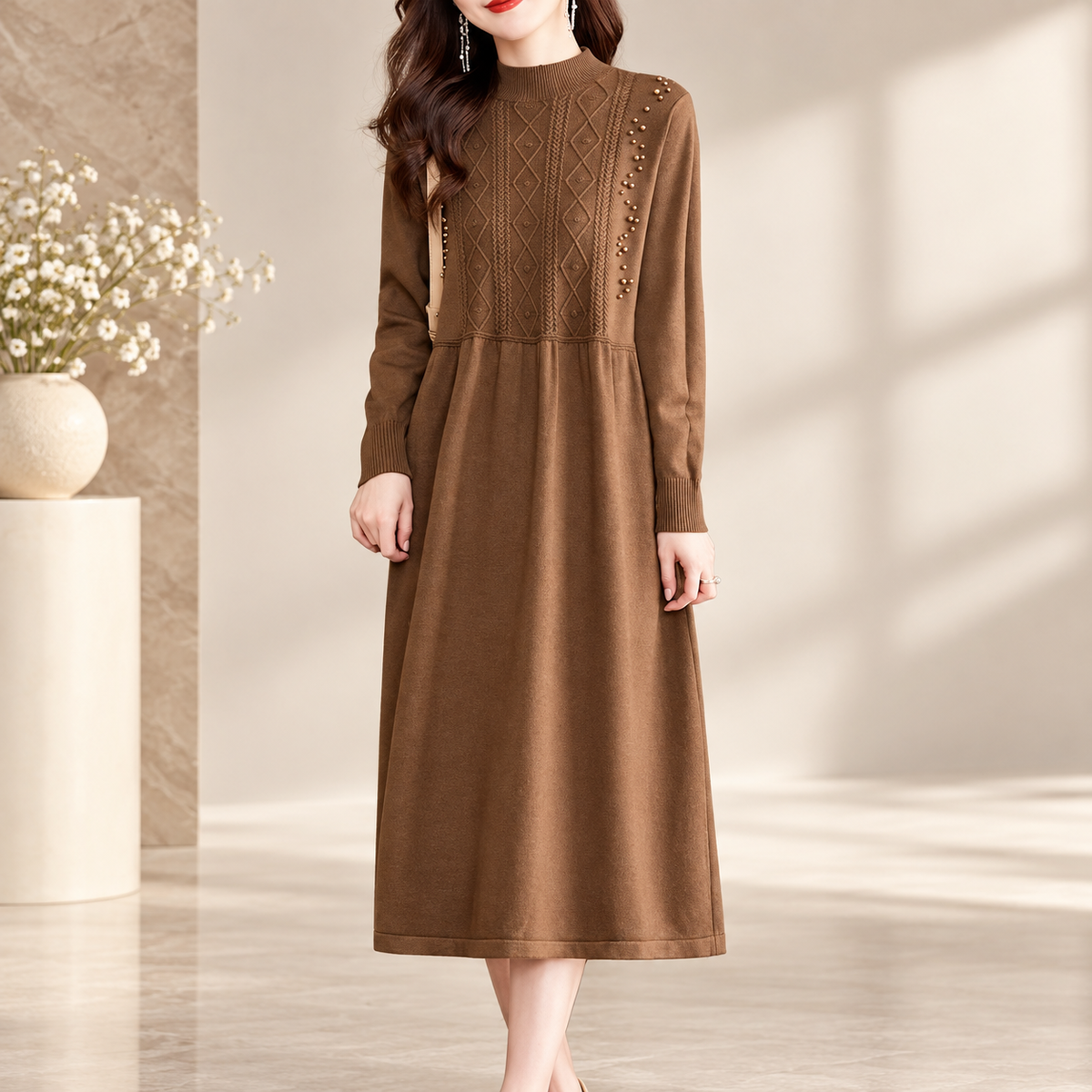 Camilla Women's Embellished Cable Knit Midi Dress with Long Sleeves