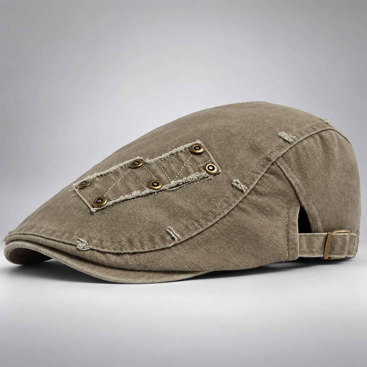 Callum Washed Flat Cap with Rivet Patch and Adjustable Buckle