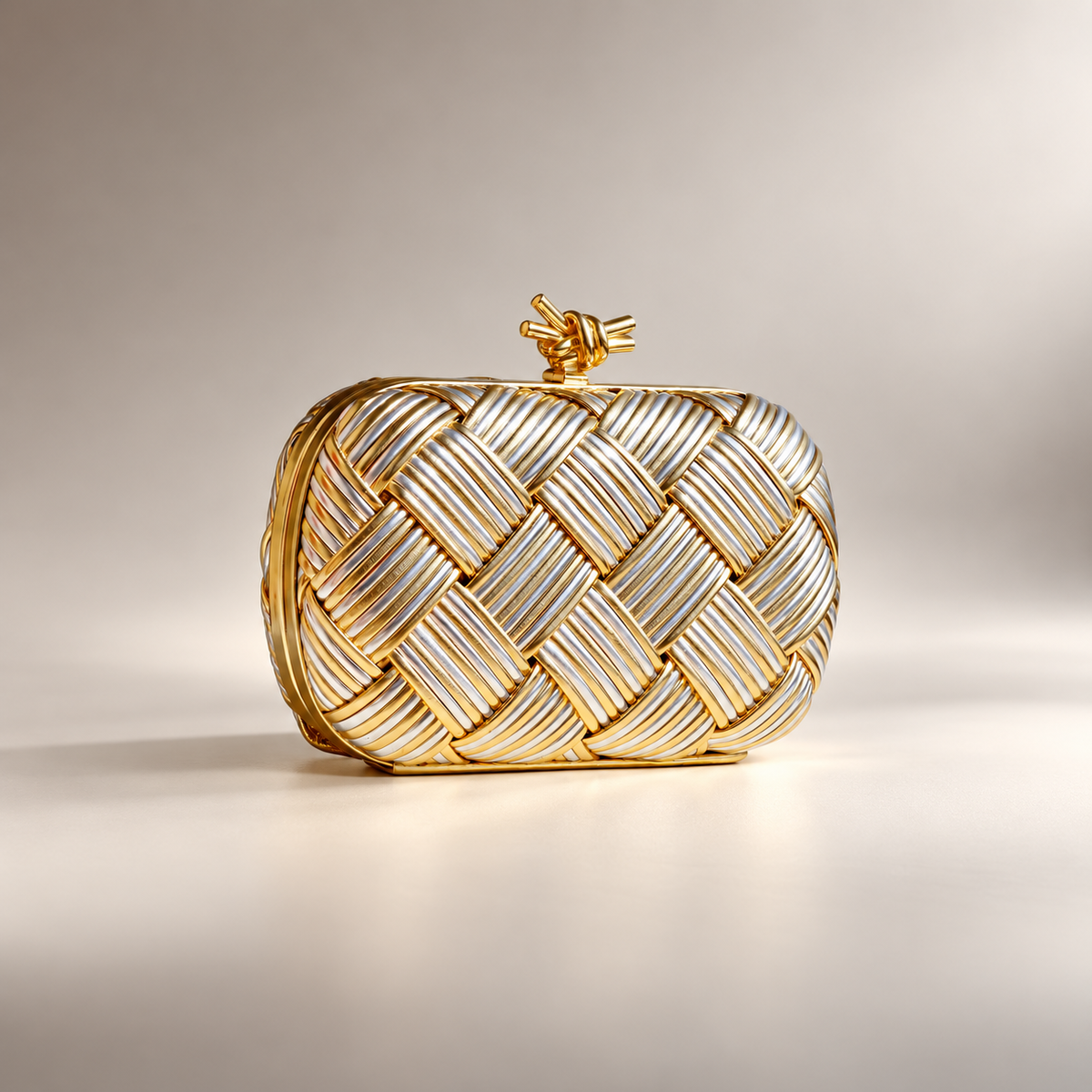Camille Woven Metallic Evening Clutch Bag with Knot Clasp