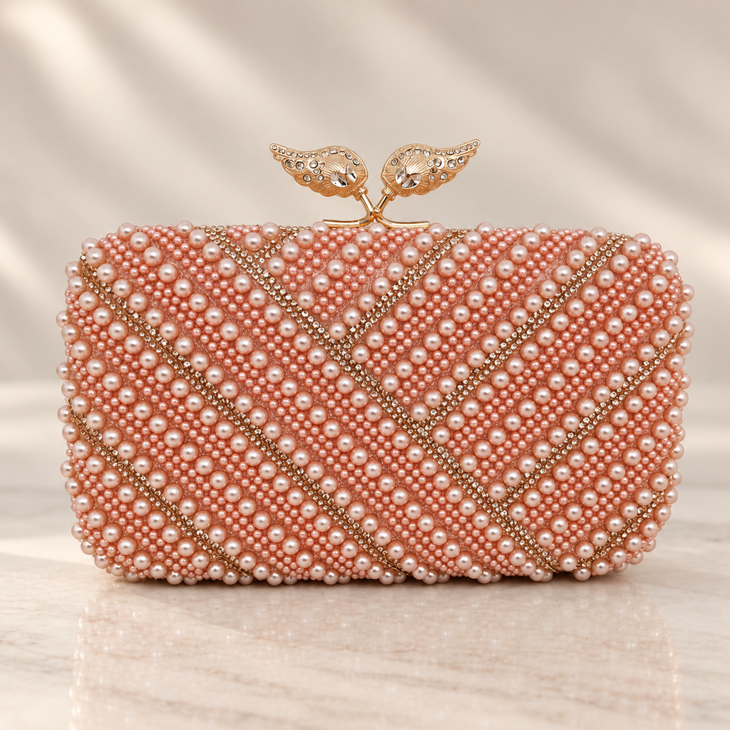 Rosalie Pearl Beaded Evening Clutch with Leaf Top Clasp