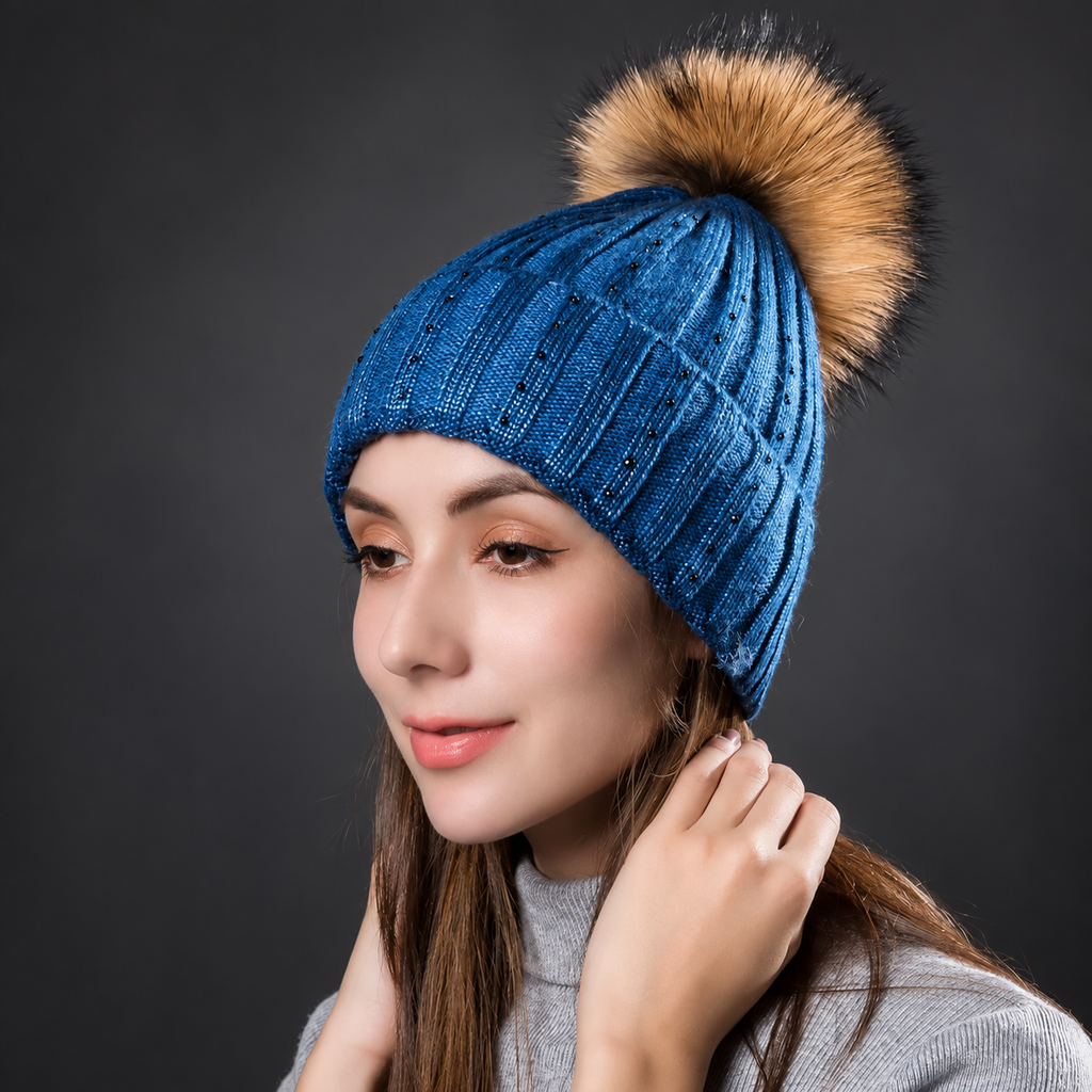 Adeline Women’s Rhinestone Ribbed Pom-Pom Beanie