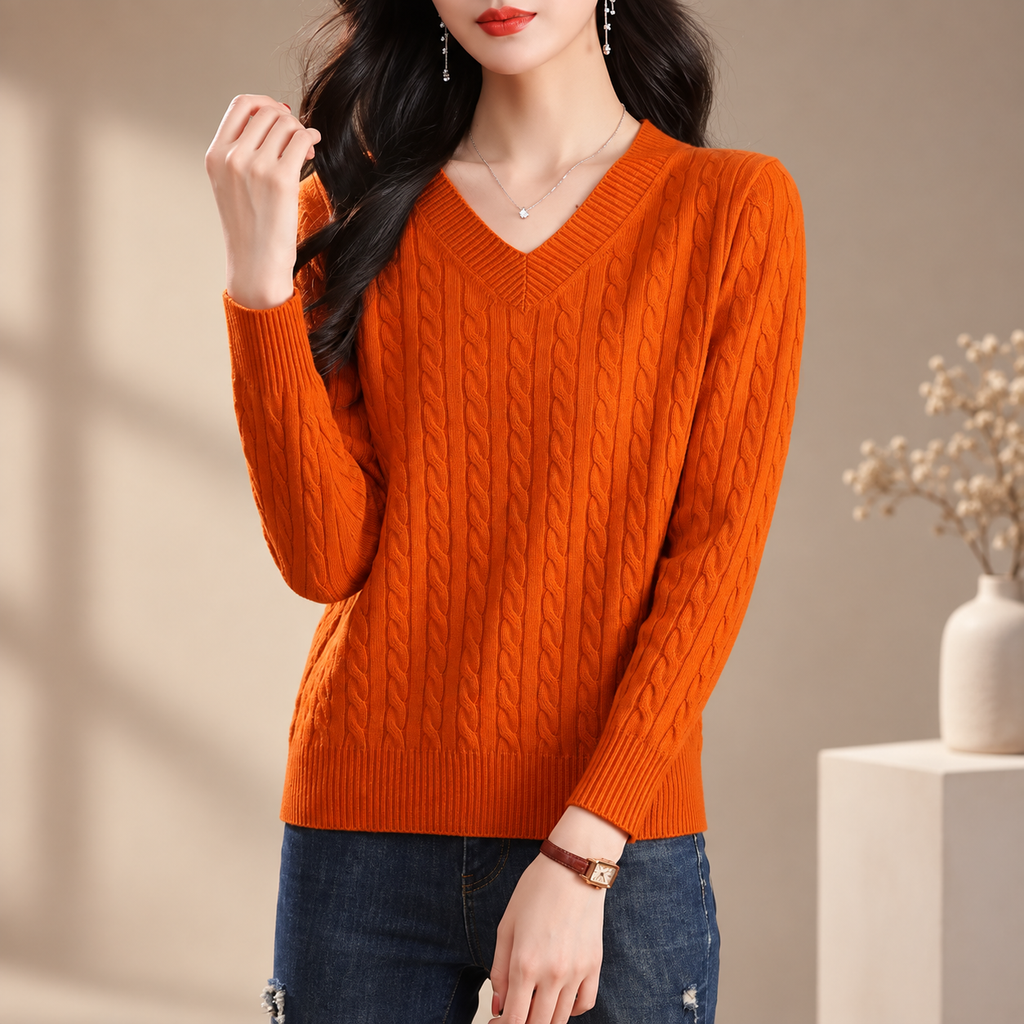 Valentina Women's Cable Knit V-Neck Sweater with Ribbed Trim