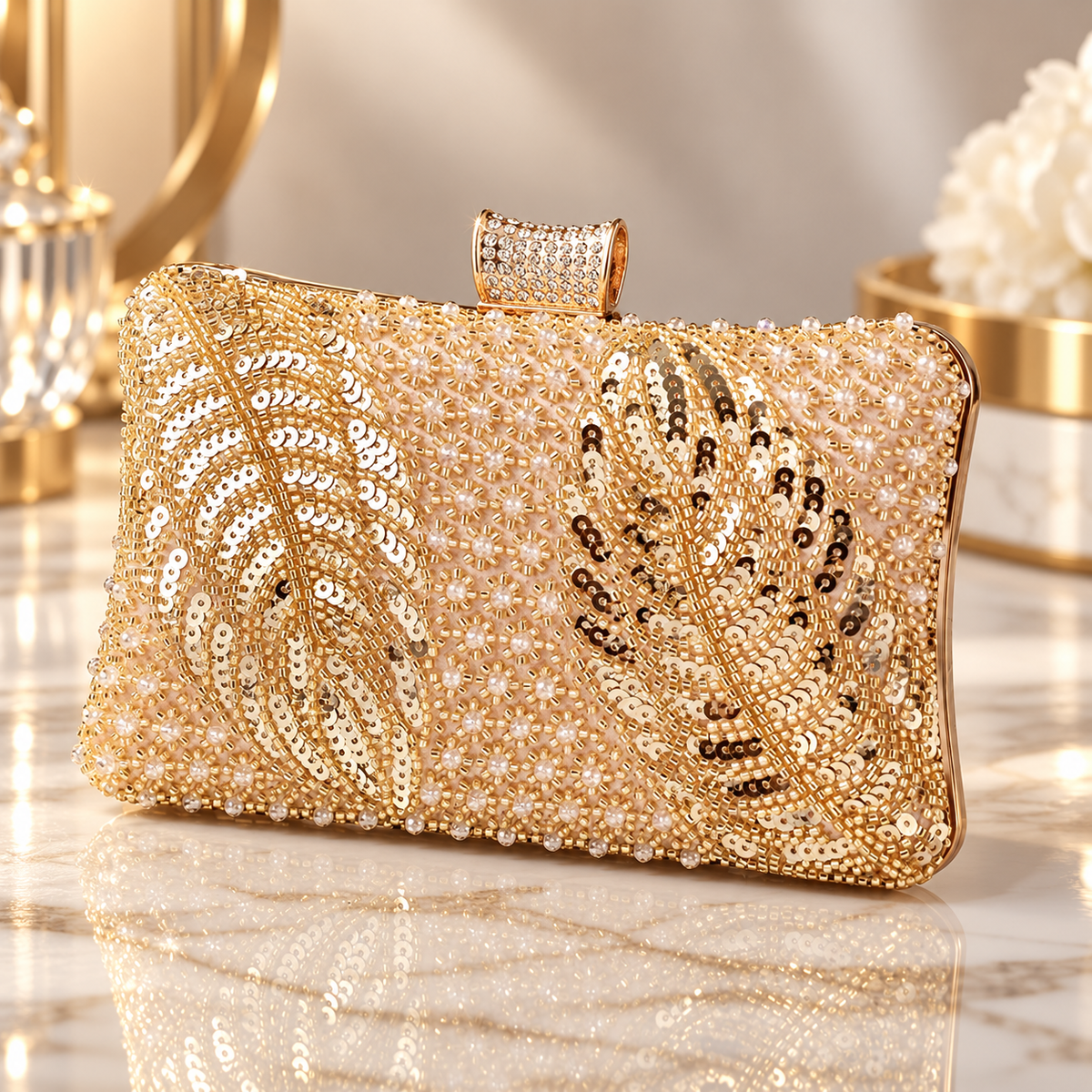 Elodie Beaded Sequin Evening Clutch with Crystal Clasp
