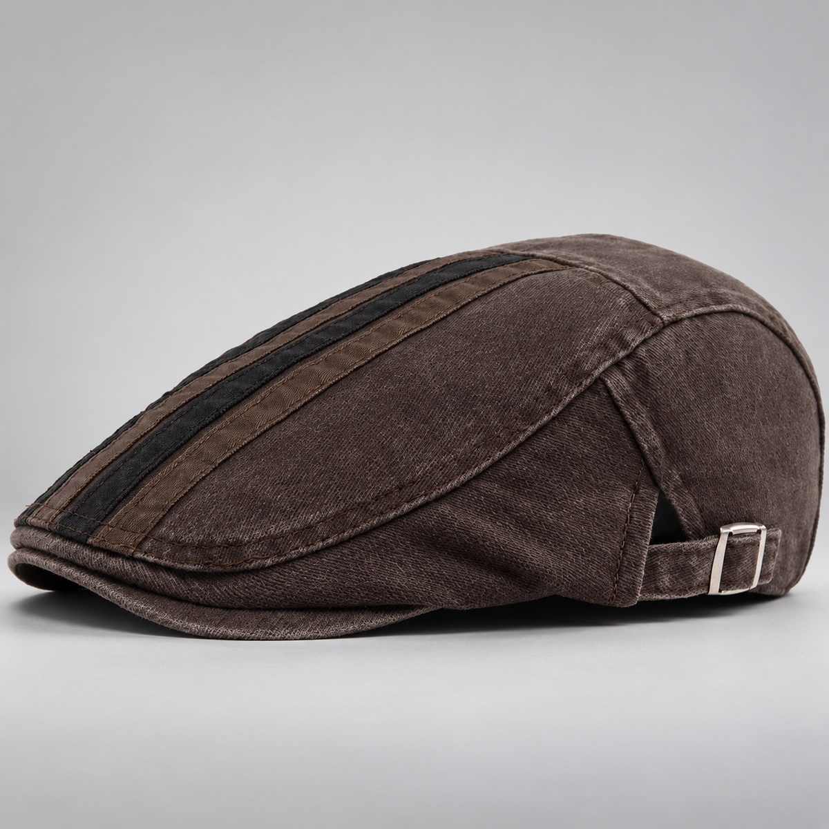 Alistair Washed Stripe Flat Cap with Adjustable Buckle