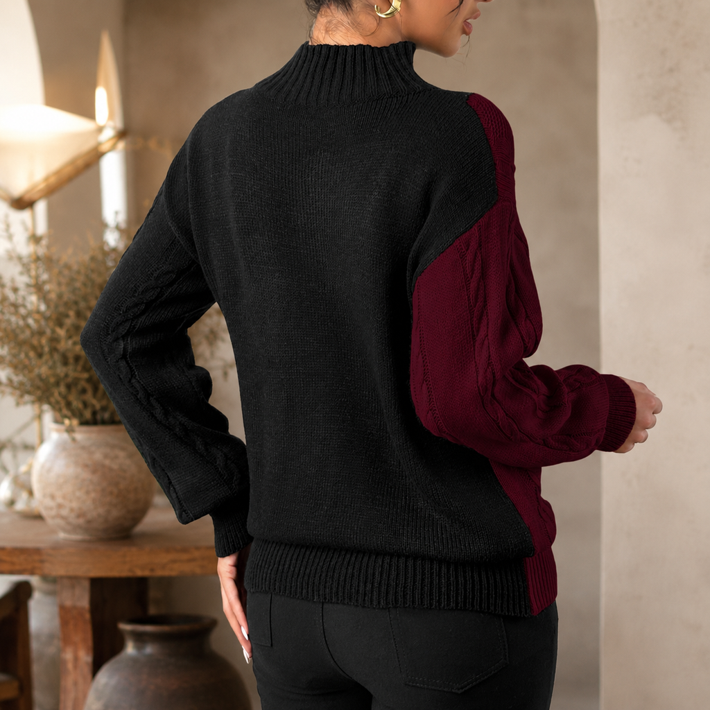 Alessia Colorblock Cable Knit Mock Neck Sweater for Women