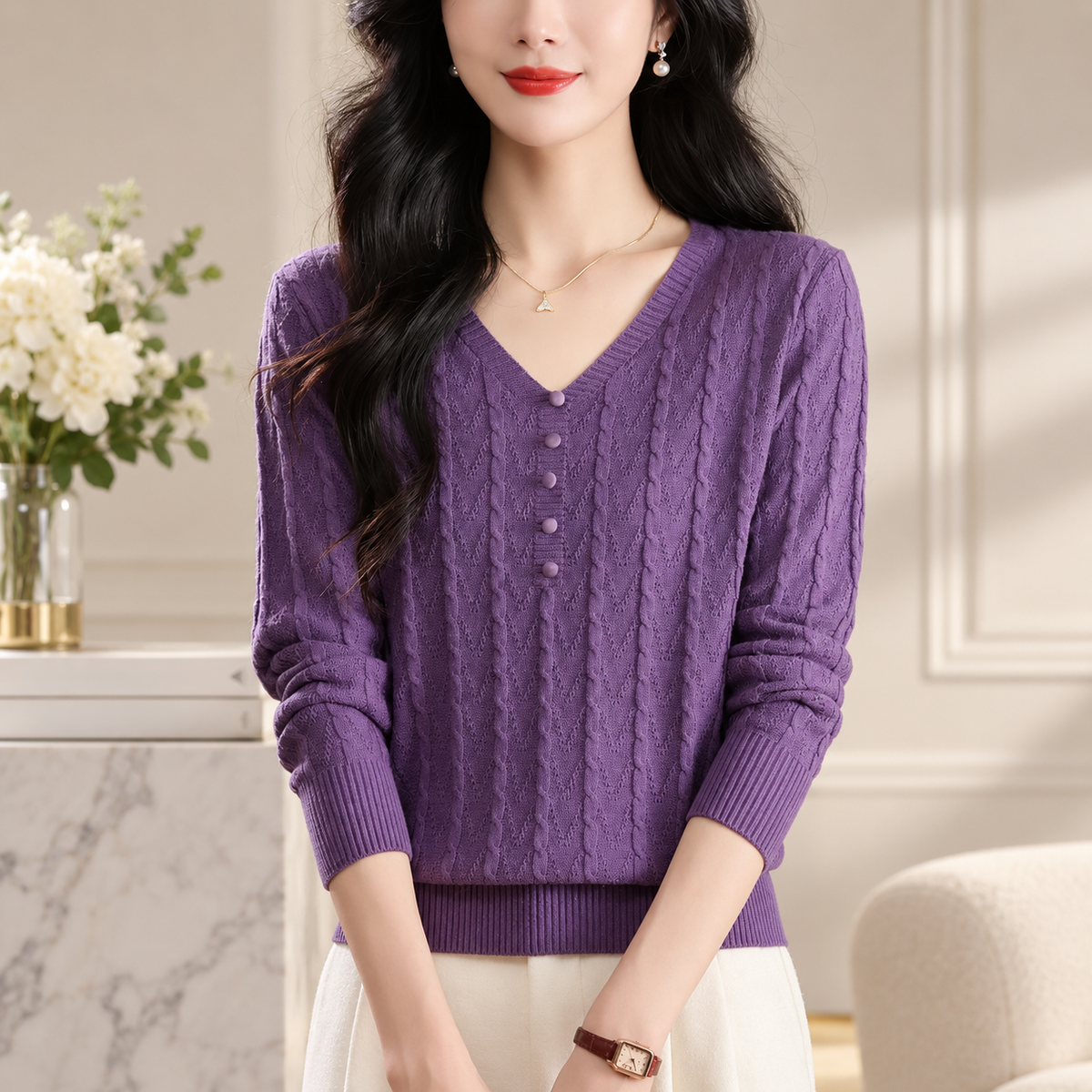 Francesca Women's Cable Knit V-Neck Sweater with Decorative Button Placket