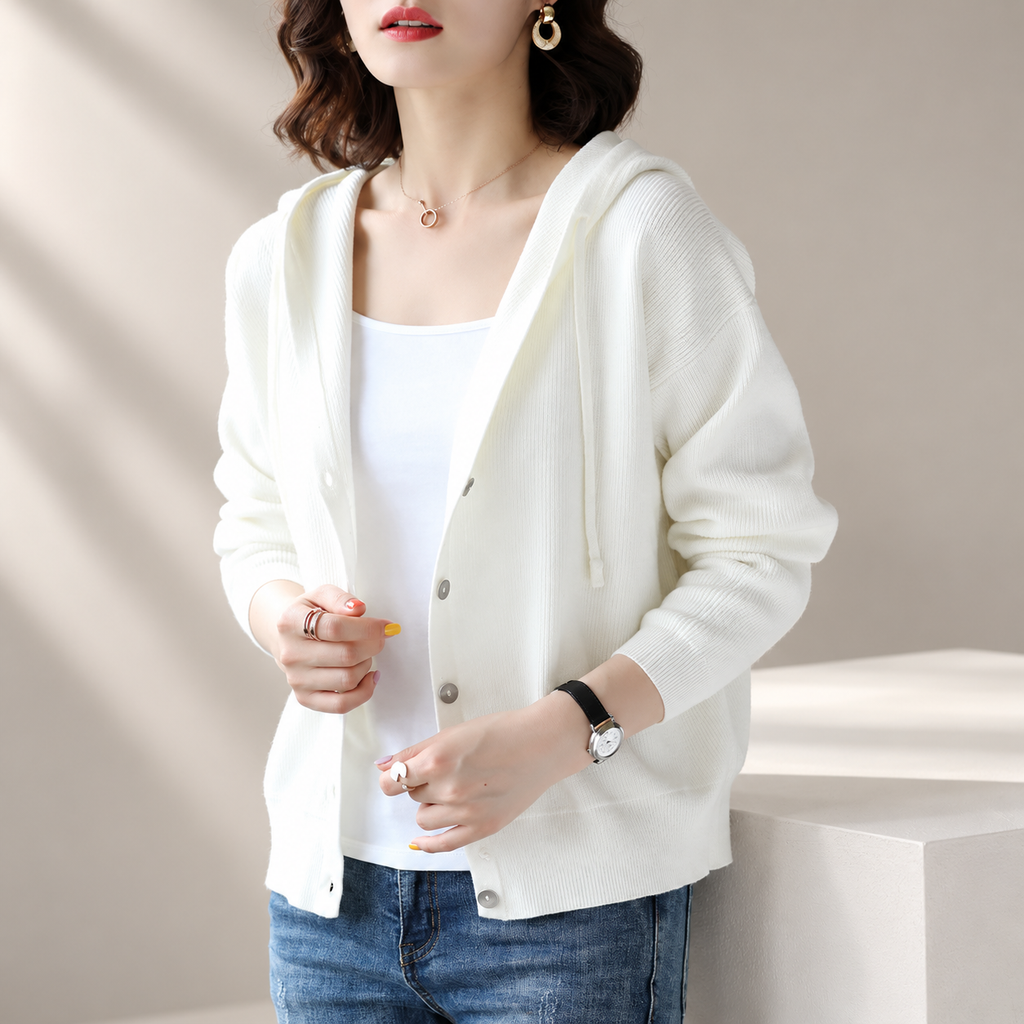 Clara Hooded Knit Cardigan – Women’s Button Front Long Sleeve Sweater