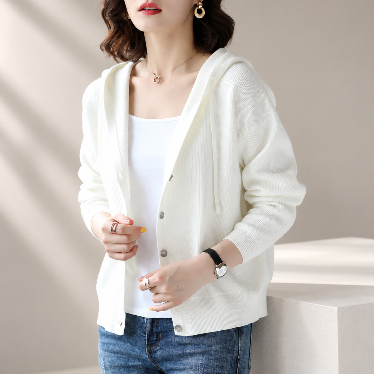 Clara Hooded Knit Cardigan – Women’s Button Front Long Sleeve Sweater