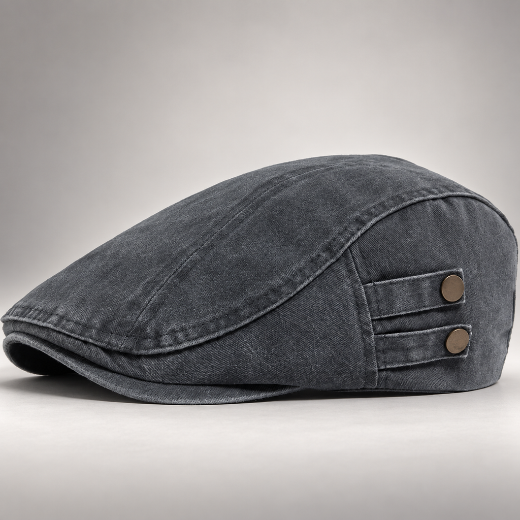 Bennett Washed Cotton Flat Cap with Side Button Detail