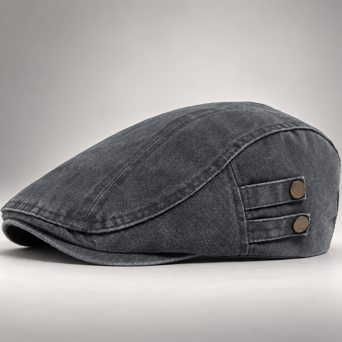 Bennett Washed Cotton Flat Cap with Side Button Detail