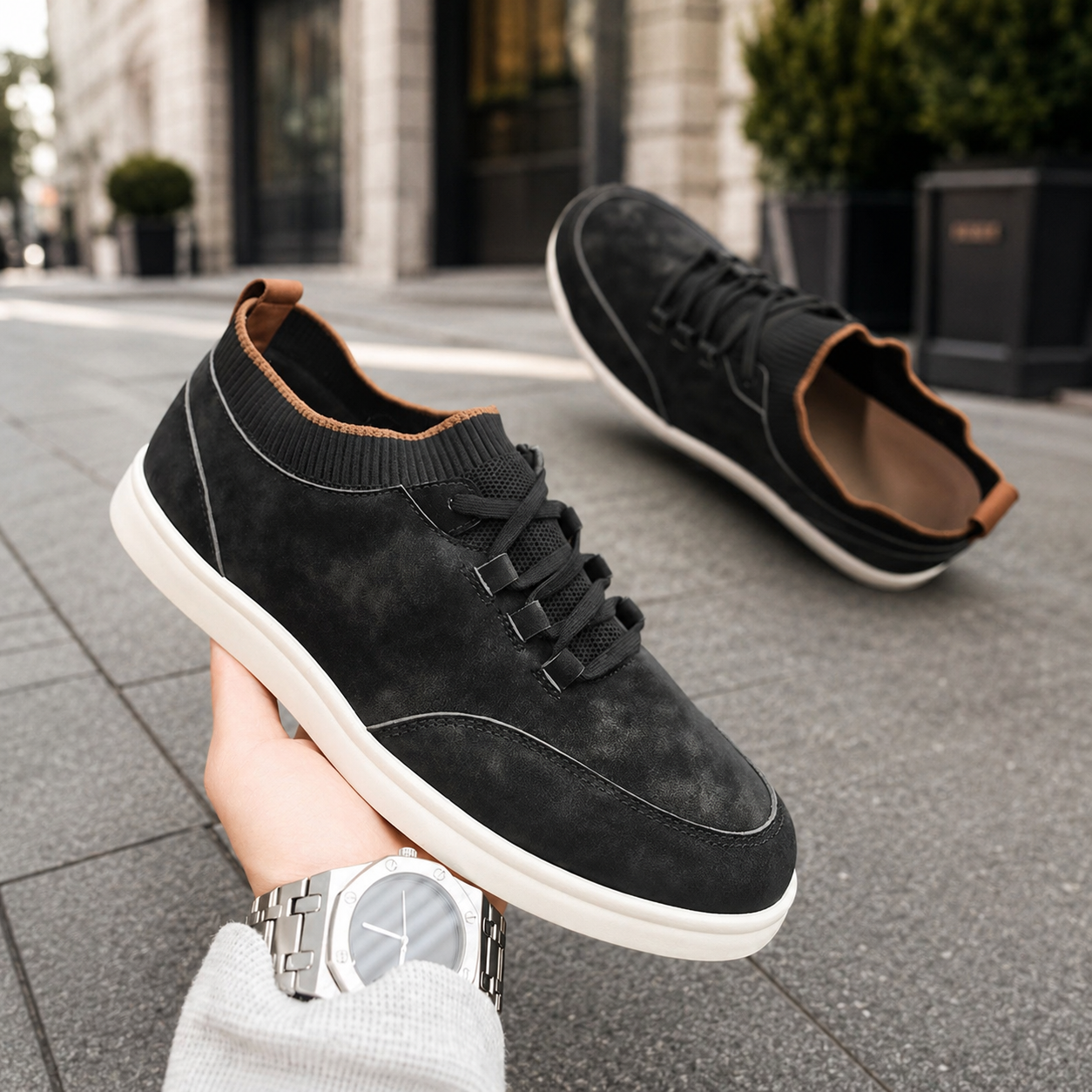 Adrian Men's Textured Low-Top Sneakers with Knit Collar