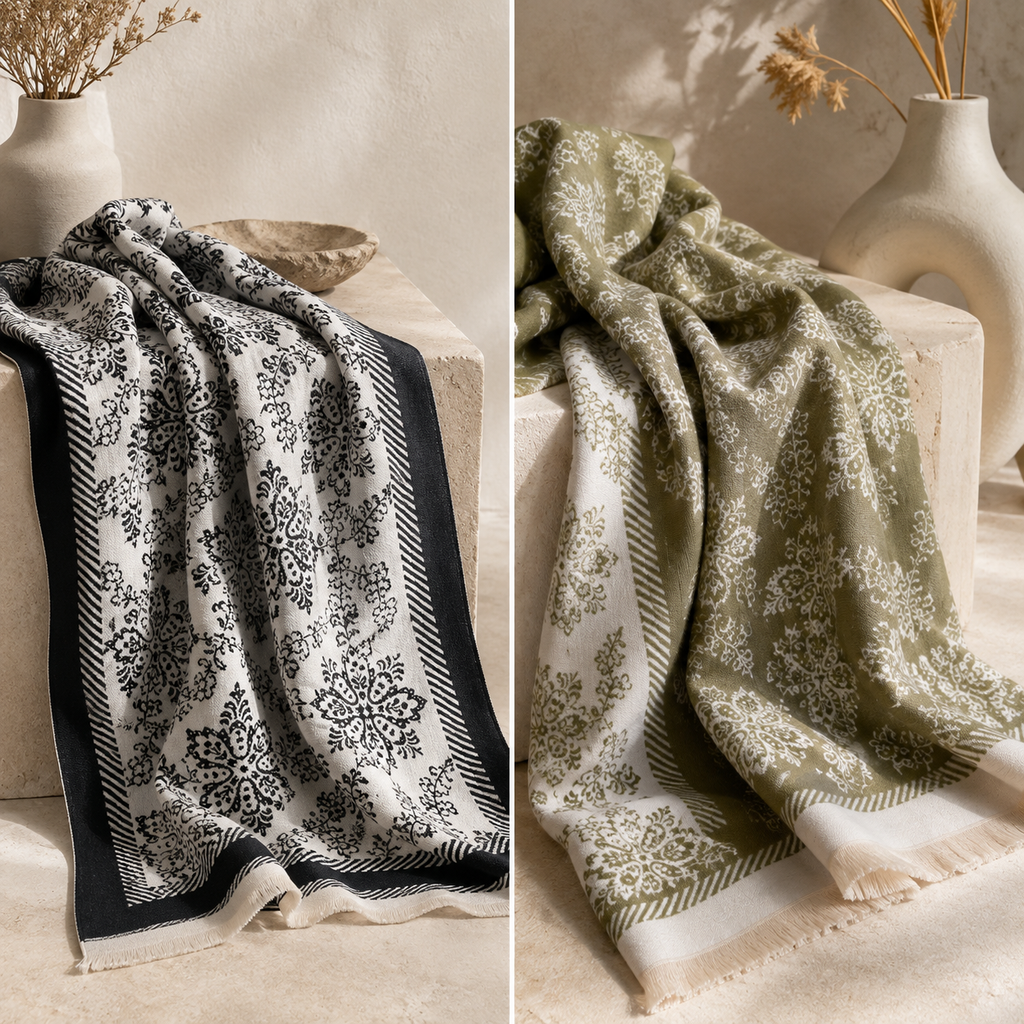 Celeste Reversible Floral Wrap Scarf – Oversized Fringe Shawl