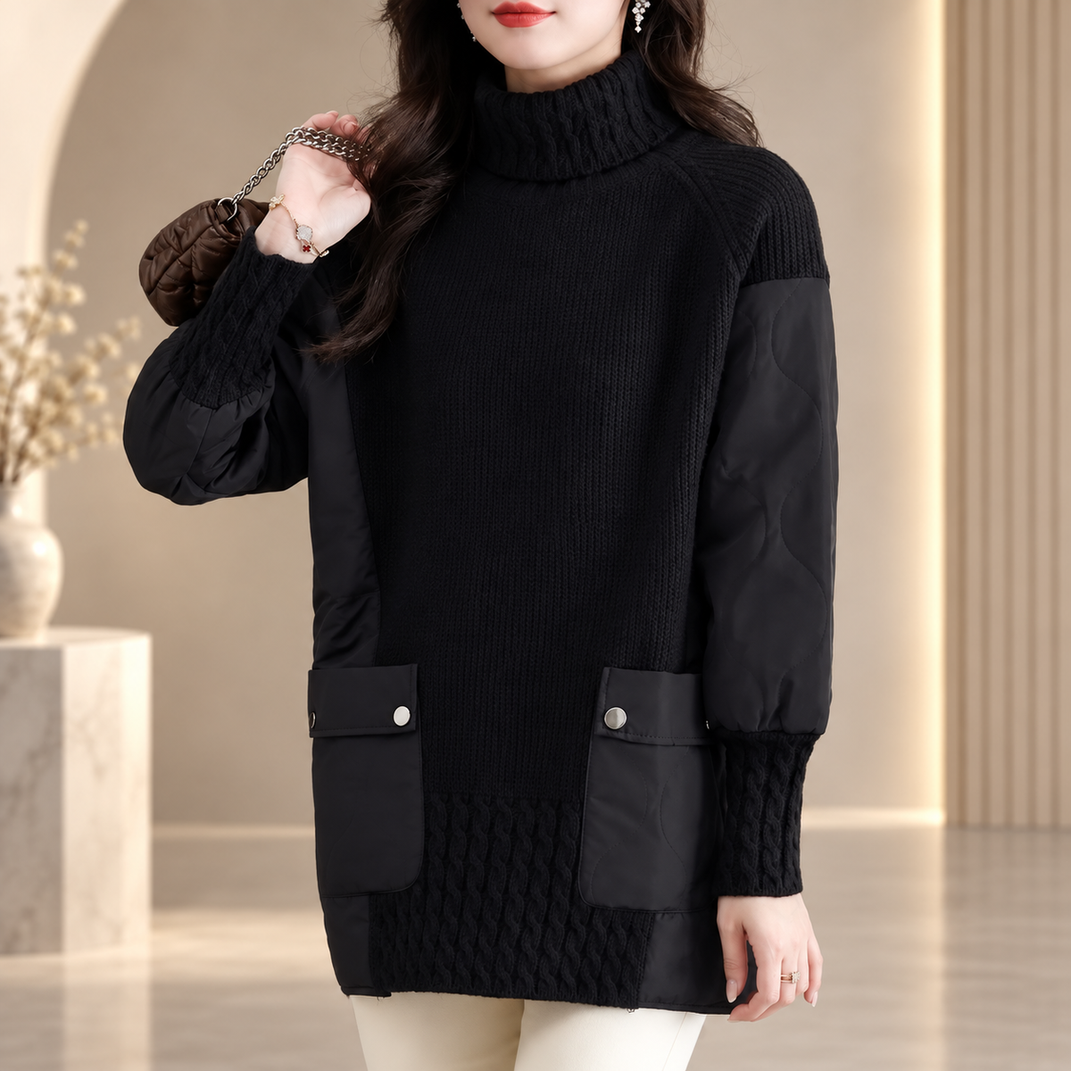 Alessia Women’s Turtleneck Mixed-Media Knit Tunic – Long Sleeve Pullover with Patch Pockets