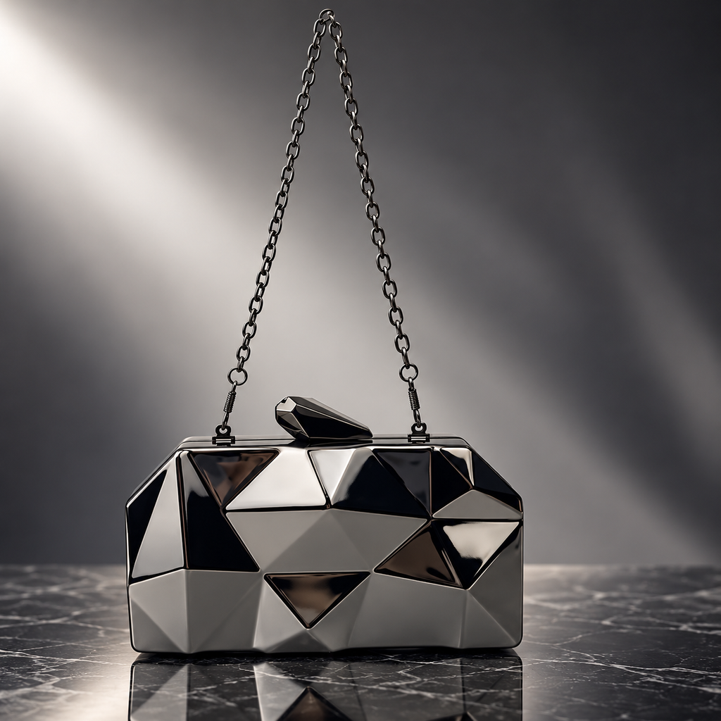 Alessandra Geometric Metallic Hard-Shell Evening Clutch with Chain Strap