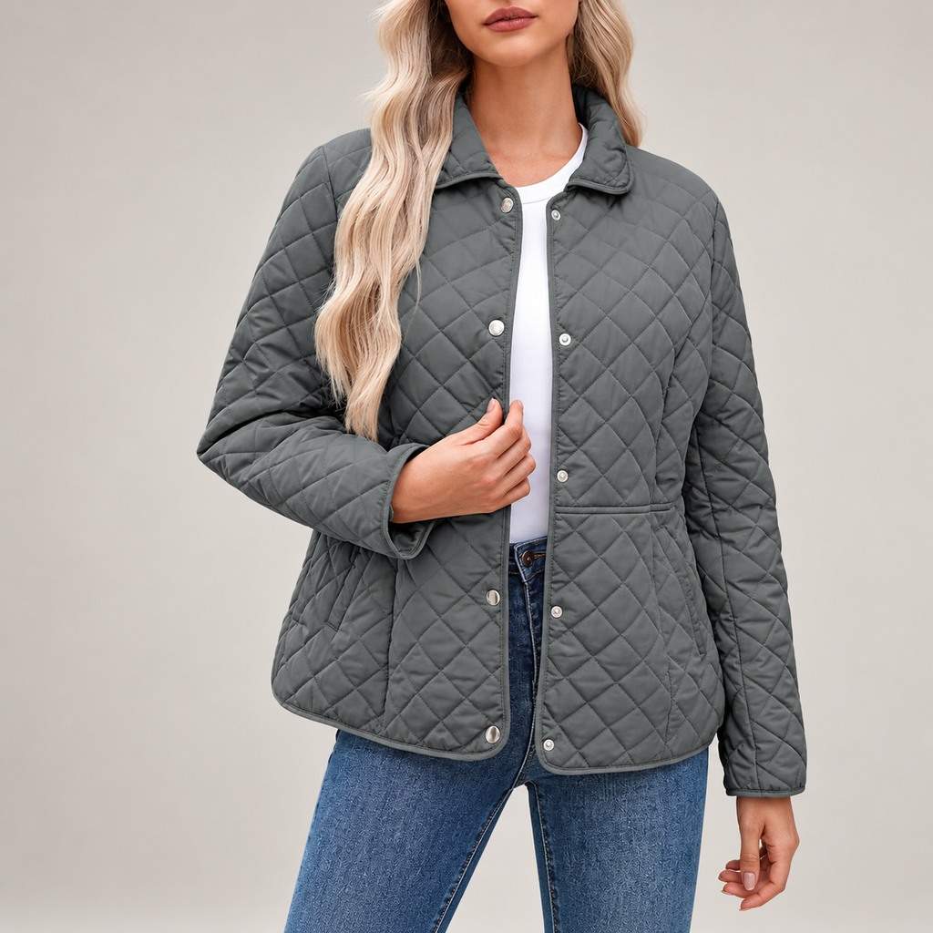 Isabelle Women’s Diamond Quilted Jacket – Snap Front Collared Lightweight Coat
