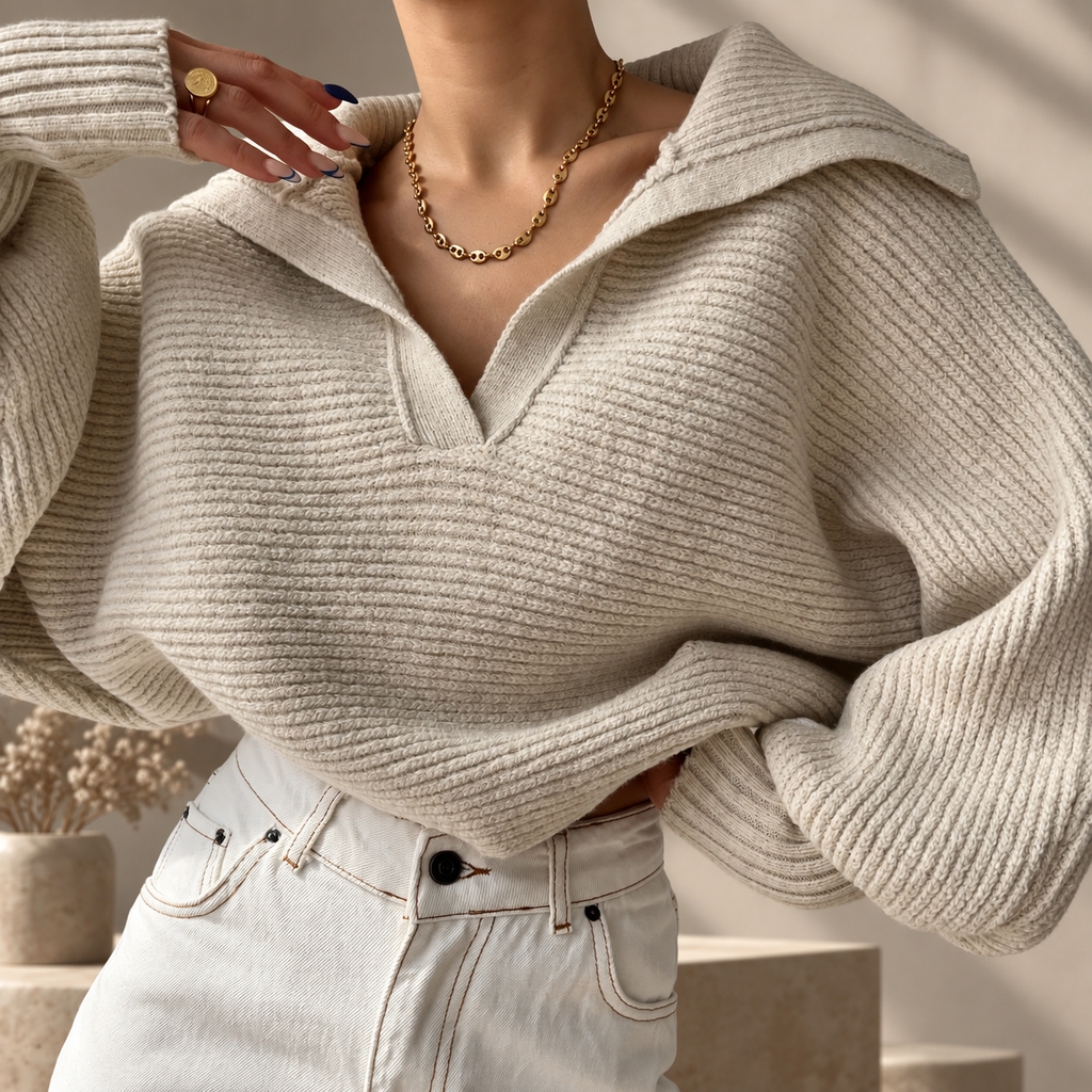Colette Women’s Oversized Collared Knit Sweater – Ribbed Long Sleeve Pullover