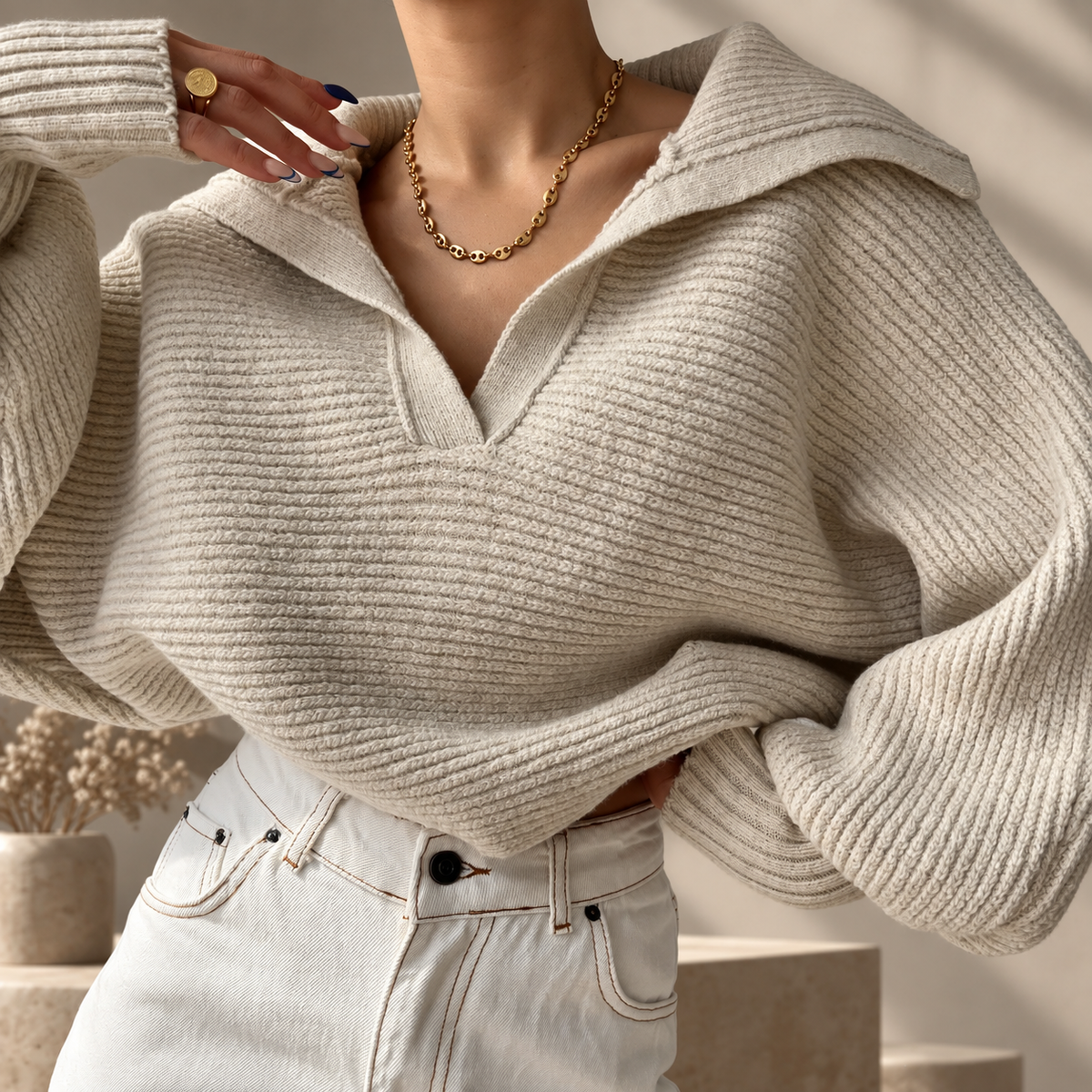 Colette Women’s Oversized Collared Knit Sweater – Ribbed Long Sleeve Pullover