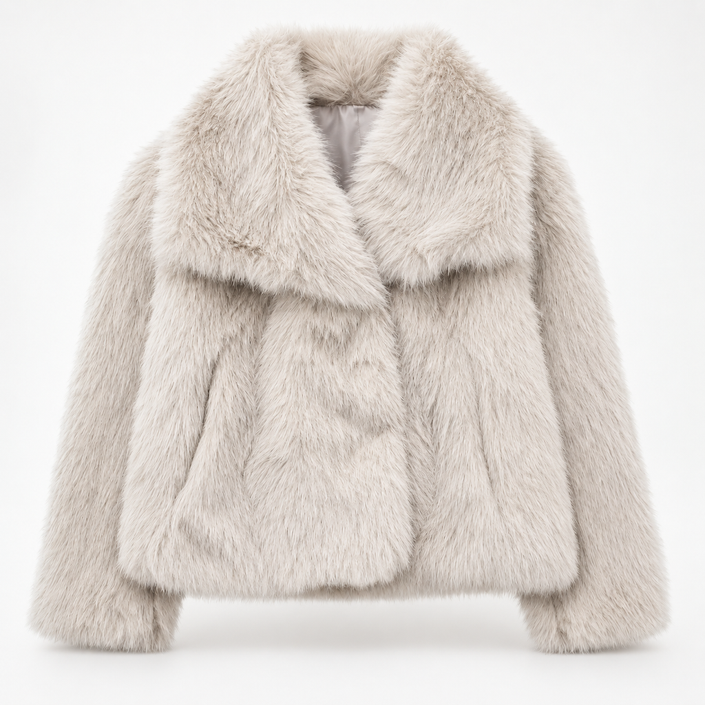 Elodie Women’s Plush Fur Cropped Jacket with Oversized Shawl Collar