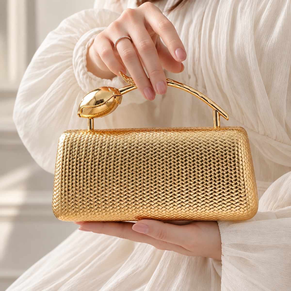 Camille Metallic Woven-Texture Evening Clutch with Sculptural Gold Handle