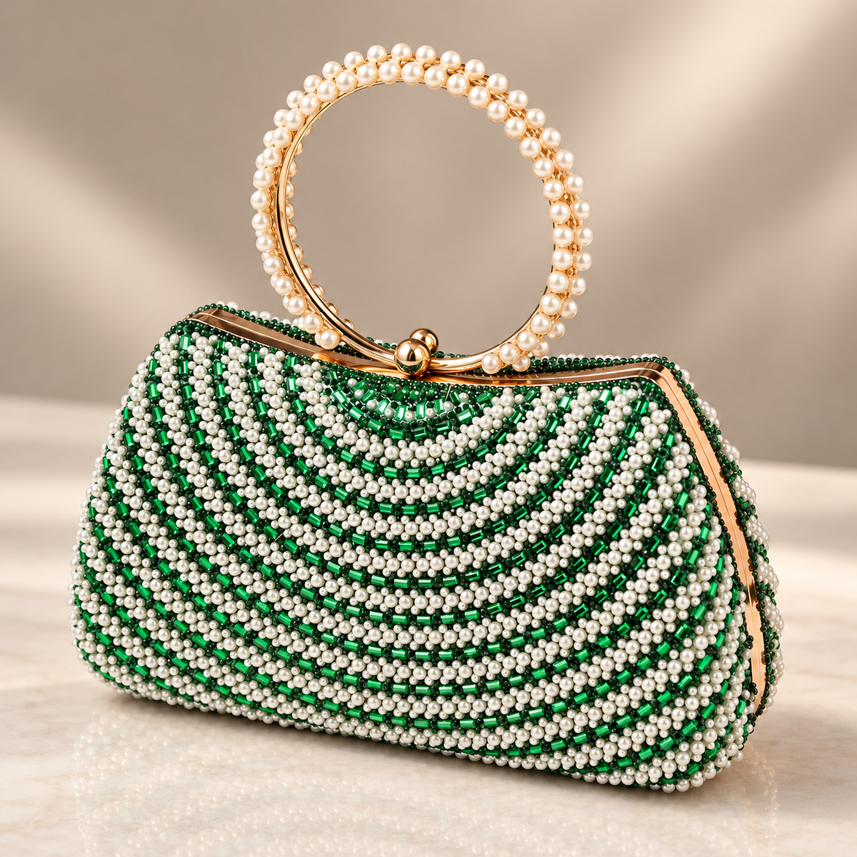 Camille Pearl Beaded Ring Handle Evening Clutch Bag