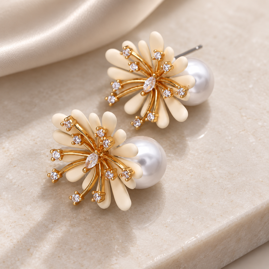 Camille Floral Pearl Drop Stud Earrings – Crystal Accent Flower Statement Earrings