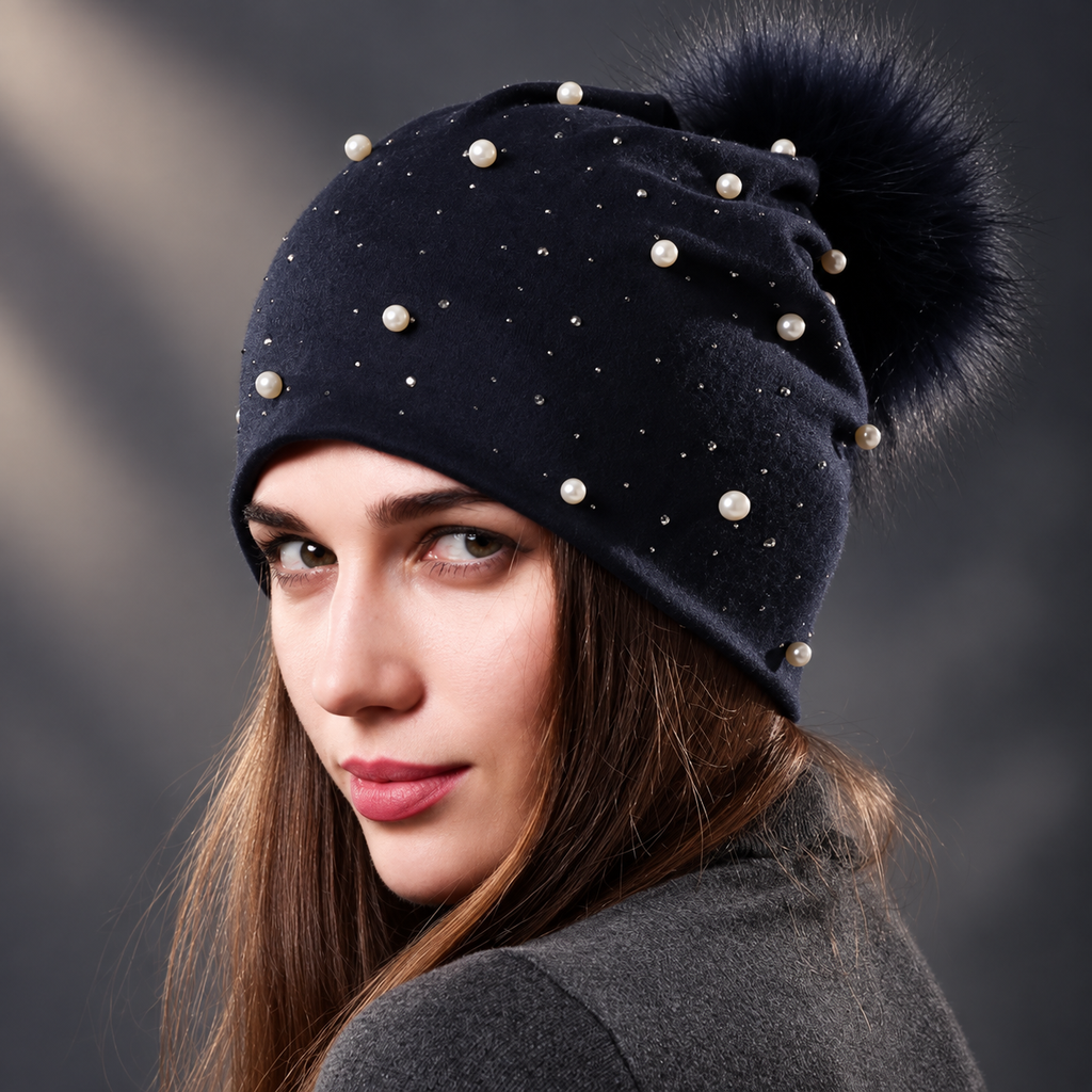 Valentina Pearl Embellished Pom-Pom Beanie – Soft Slouch Winter Hat