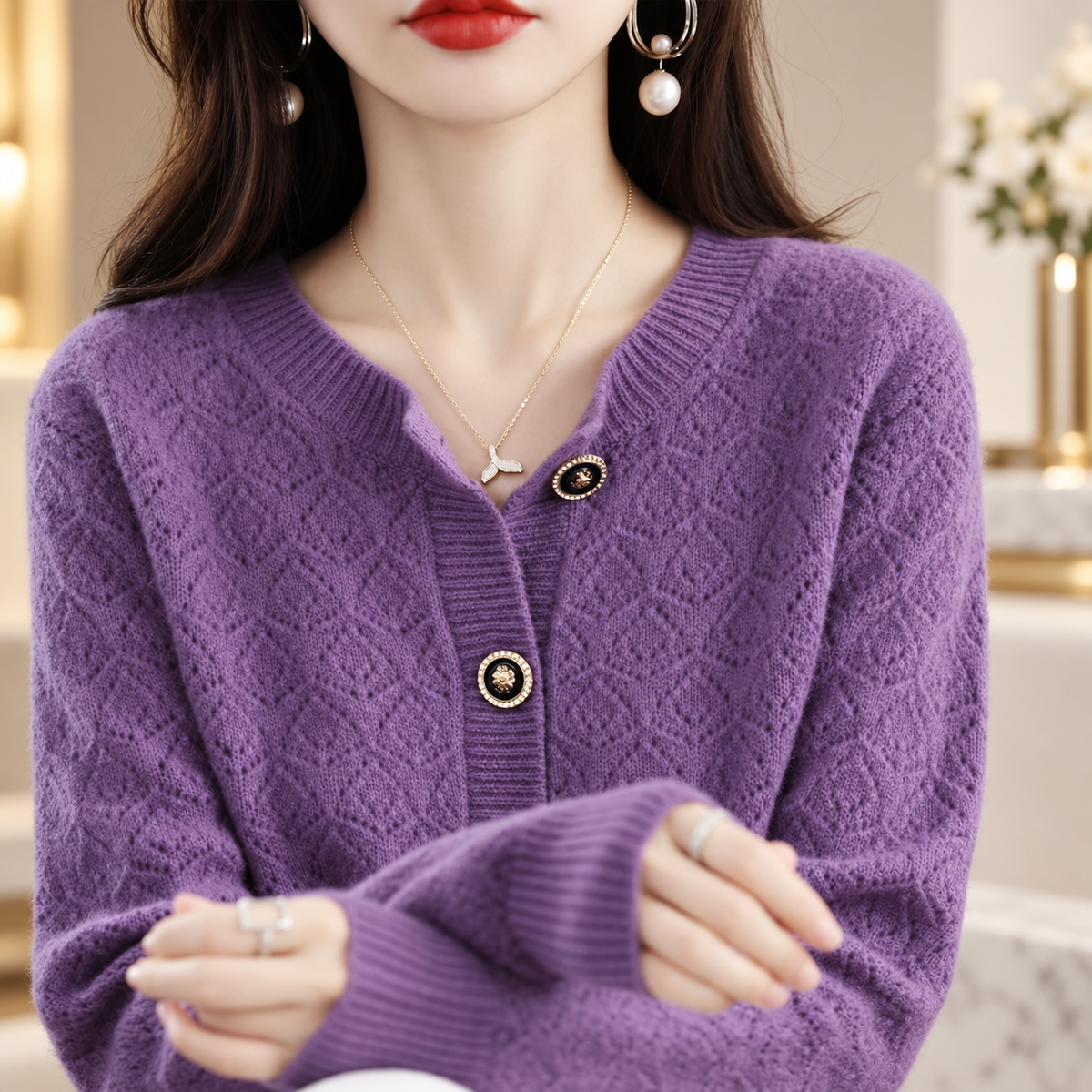 Amelie Women's Pointelle Knit Button-Front Cardigan with Decorative Buttons