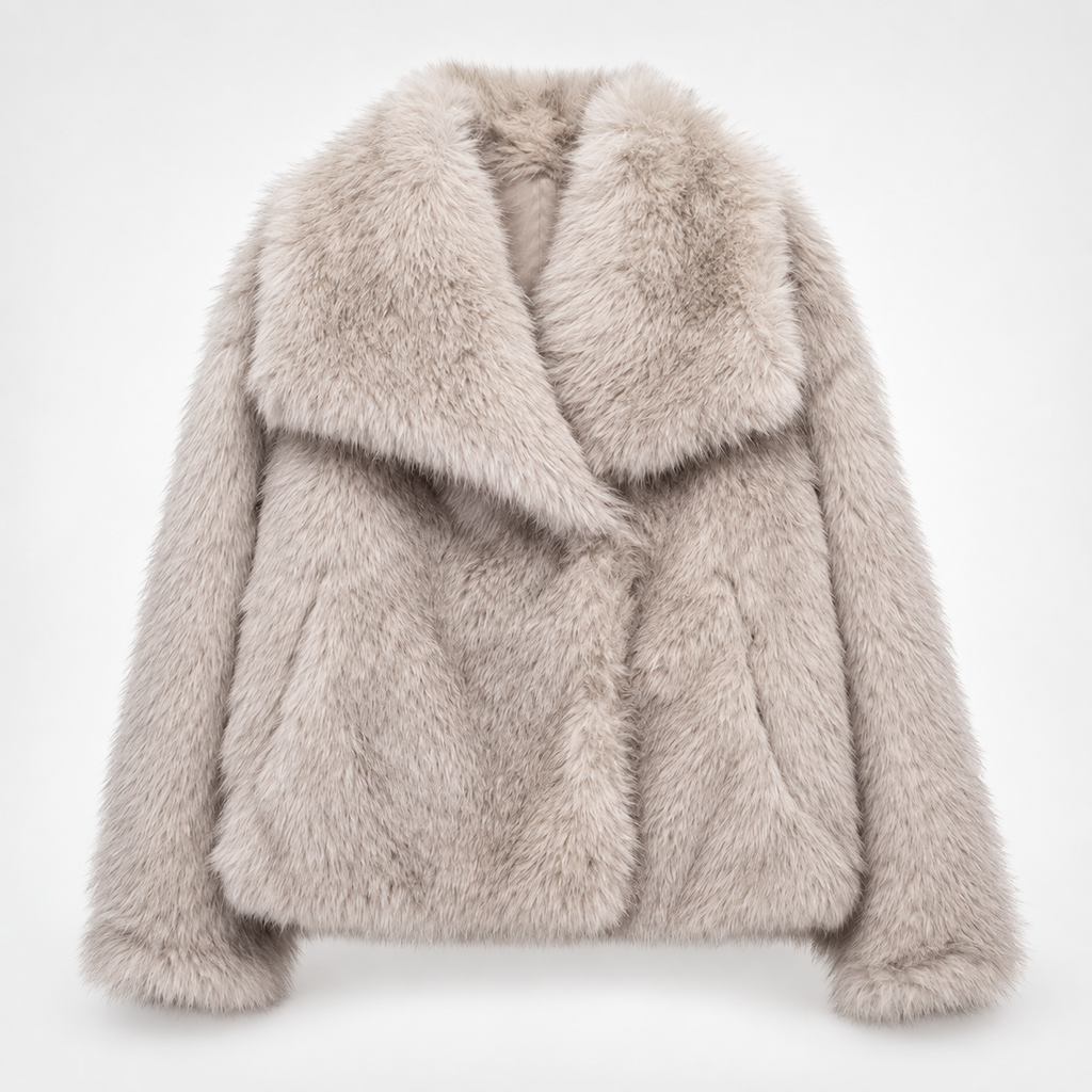 Elodie Women’s Plush Fur Cropped Jacket with Oversized Shawl Collar