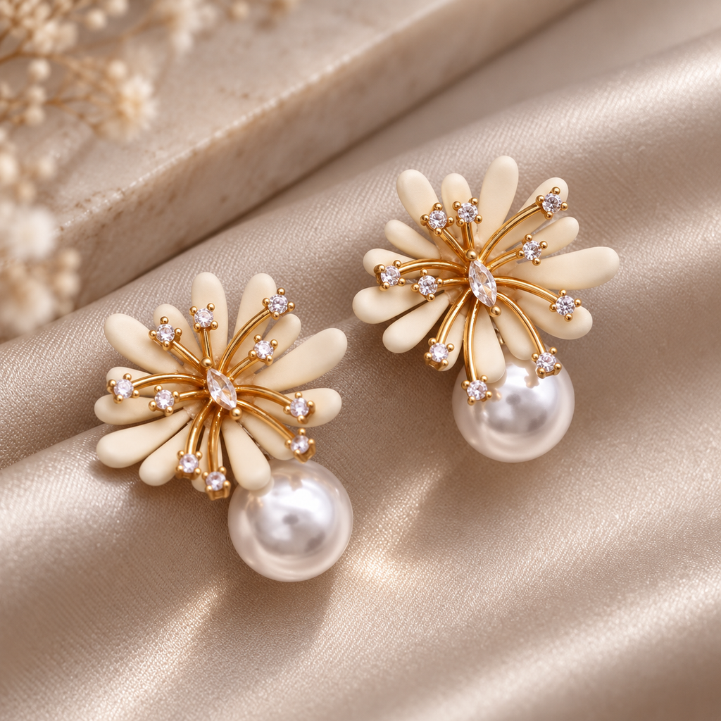 Camille Floral Pearl Drop Stud Earrings – Crystal Accent Flower Statement Earrings