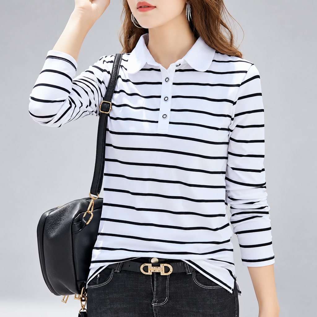Camille Women’s Long Sleeve Striped Polo Shirt