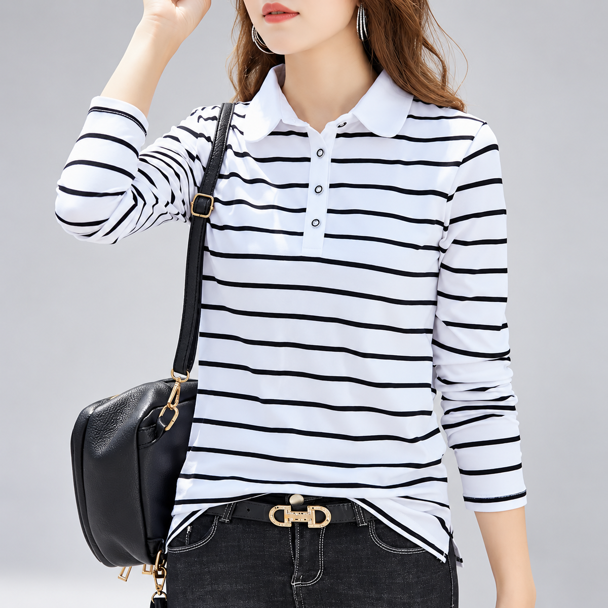 Camille Women’s Long Sleeve Striped Polo Shirt