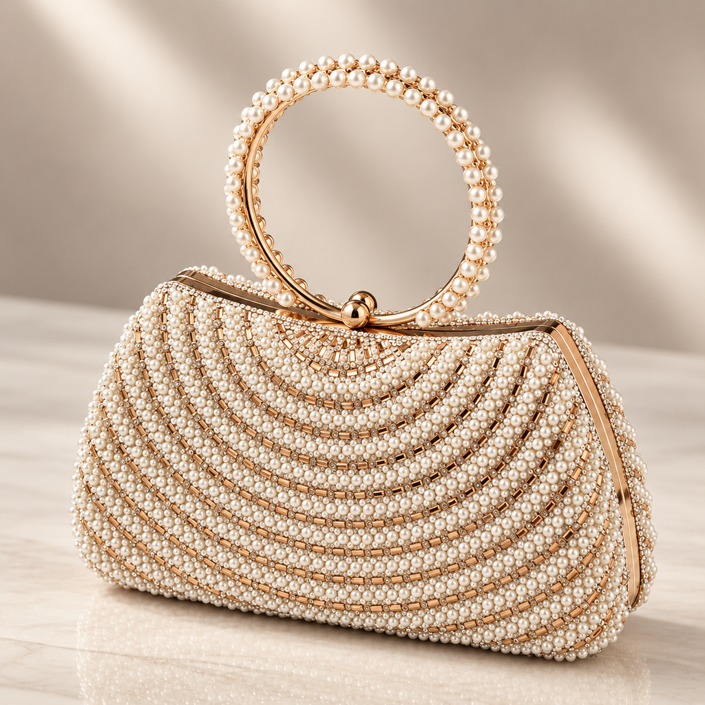 Camille Pearl Beaded Ring Handle Evening Clutch Bag