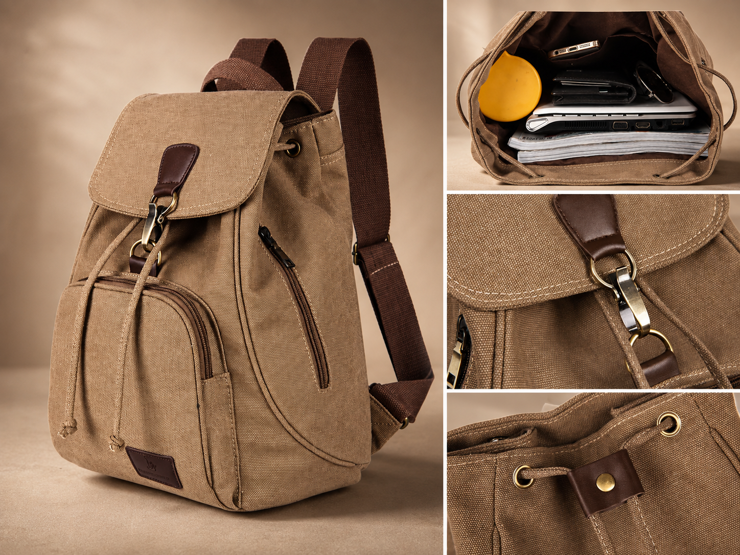 Marlowe Canvas Backpack – Drawstring Flap Rucksack with Front & Side Zip Pockets