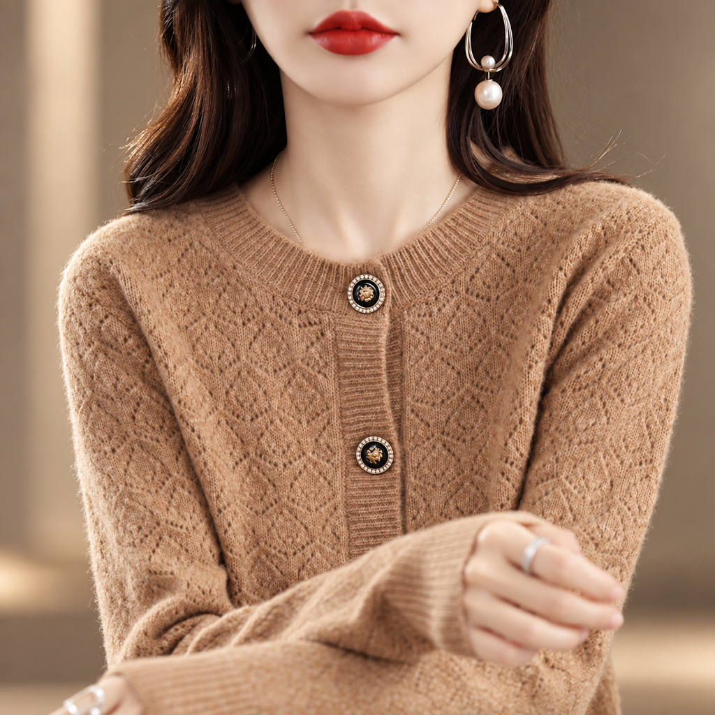 Amelie Women's Pointelle Knit Button-Front Cardigan with Decorative Buttons