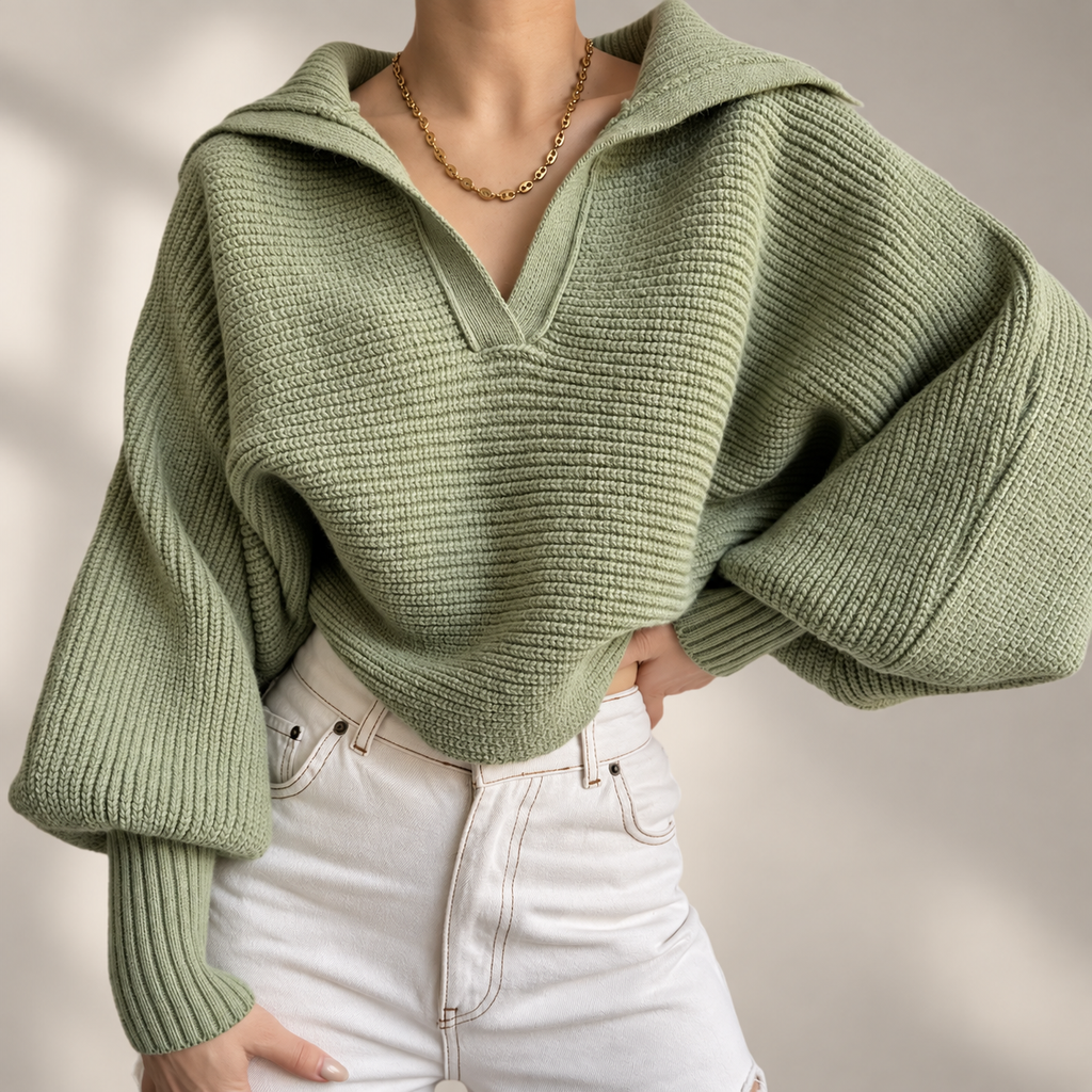 Colette Women’s Oversized Collared Knit Sweater – Ribbed Long Sleeve Pullover