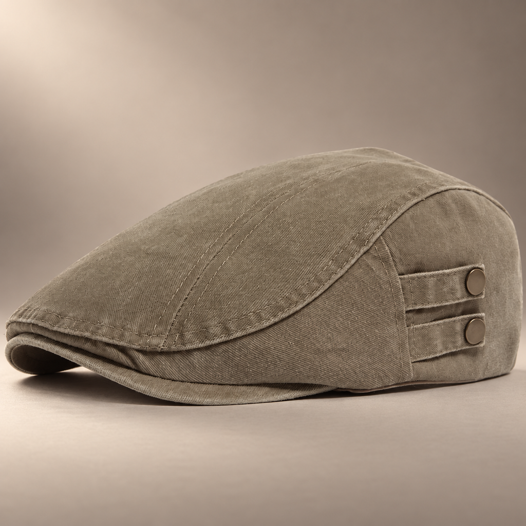 Bennett Washed Cotton Flat Cap with Side Button Detail