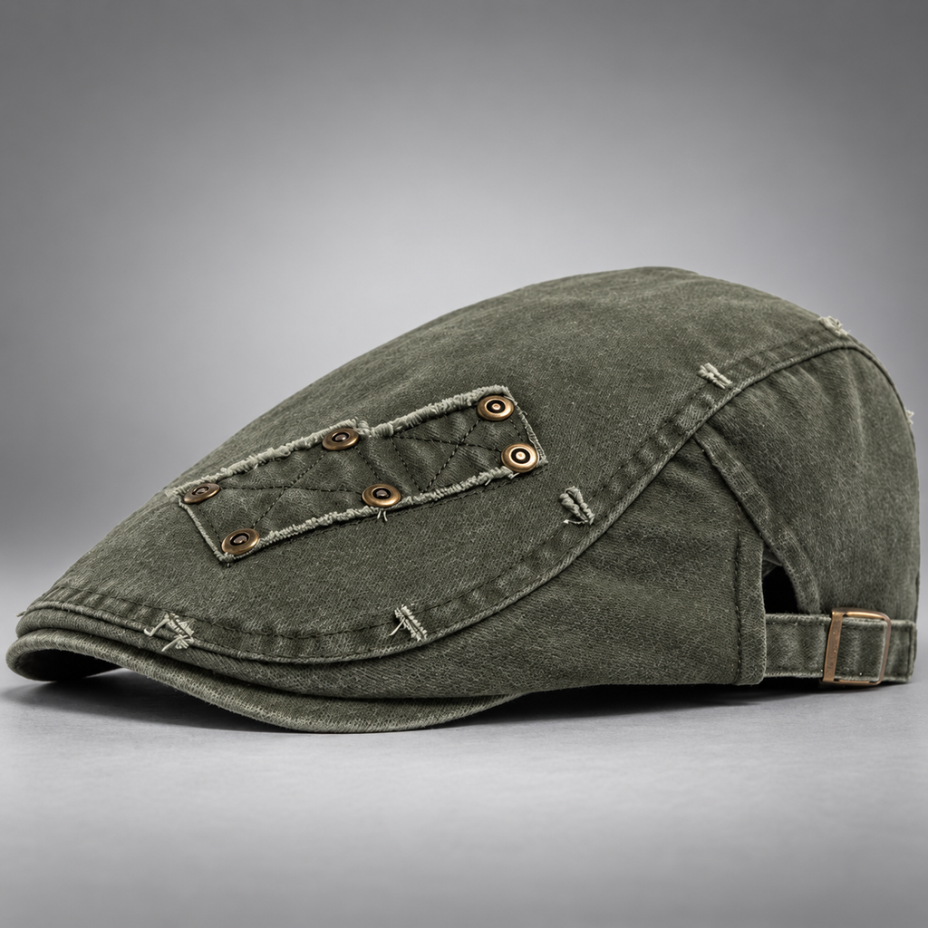 Callum Washed Flat Cap with Rivet Patch and Adjustable Buckle