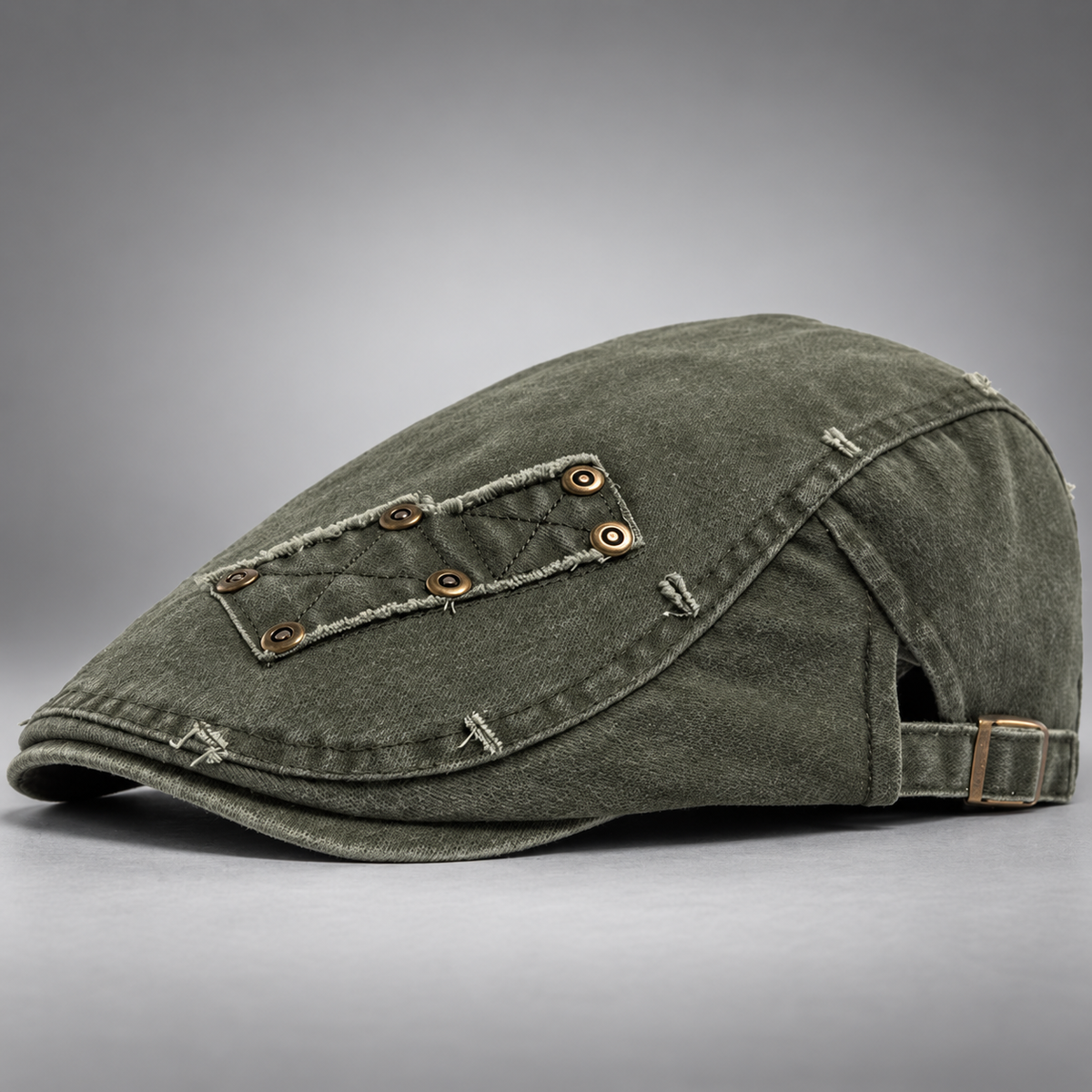 Callum Washed Flat Cap with Rivet Patch and Adjustable Buckle