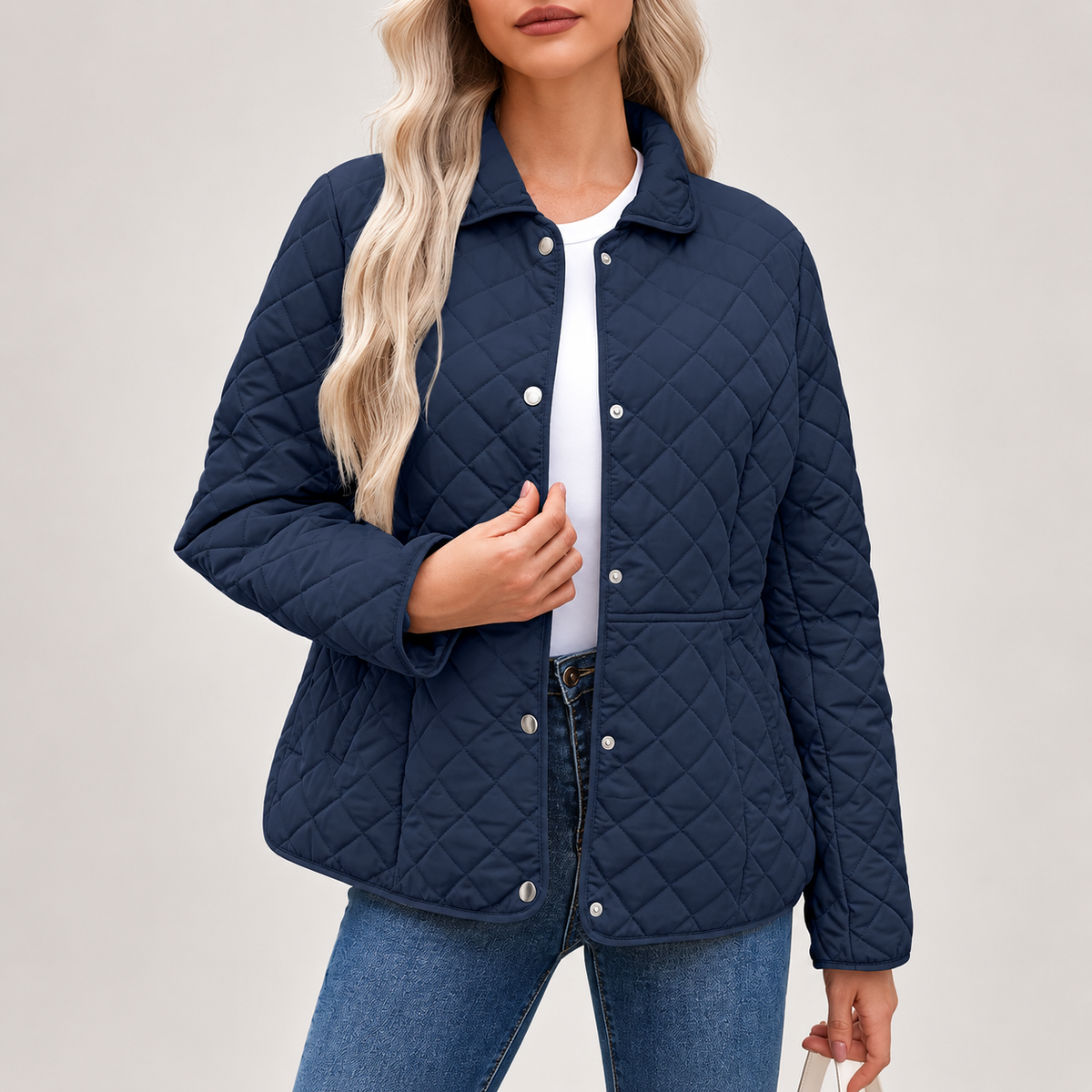 Isabelle Women’s Diamond Quilted Jacket – Snap Front Collared Lightweight Coat