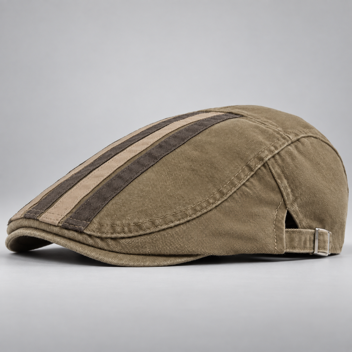 Alistair Washed Stripe Flat Cap with Adjustable Buckle