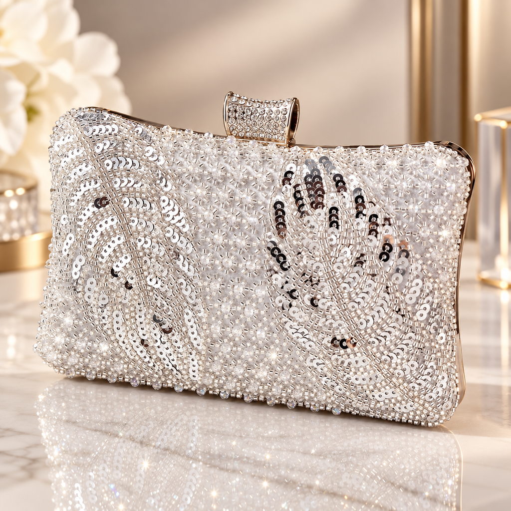 Elodie Beaded Sequin Evening Clutch with Crystal Clasp
