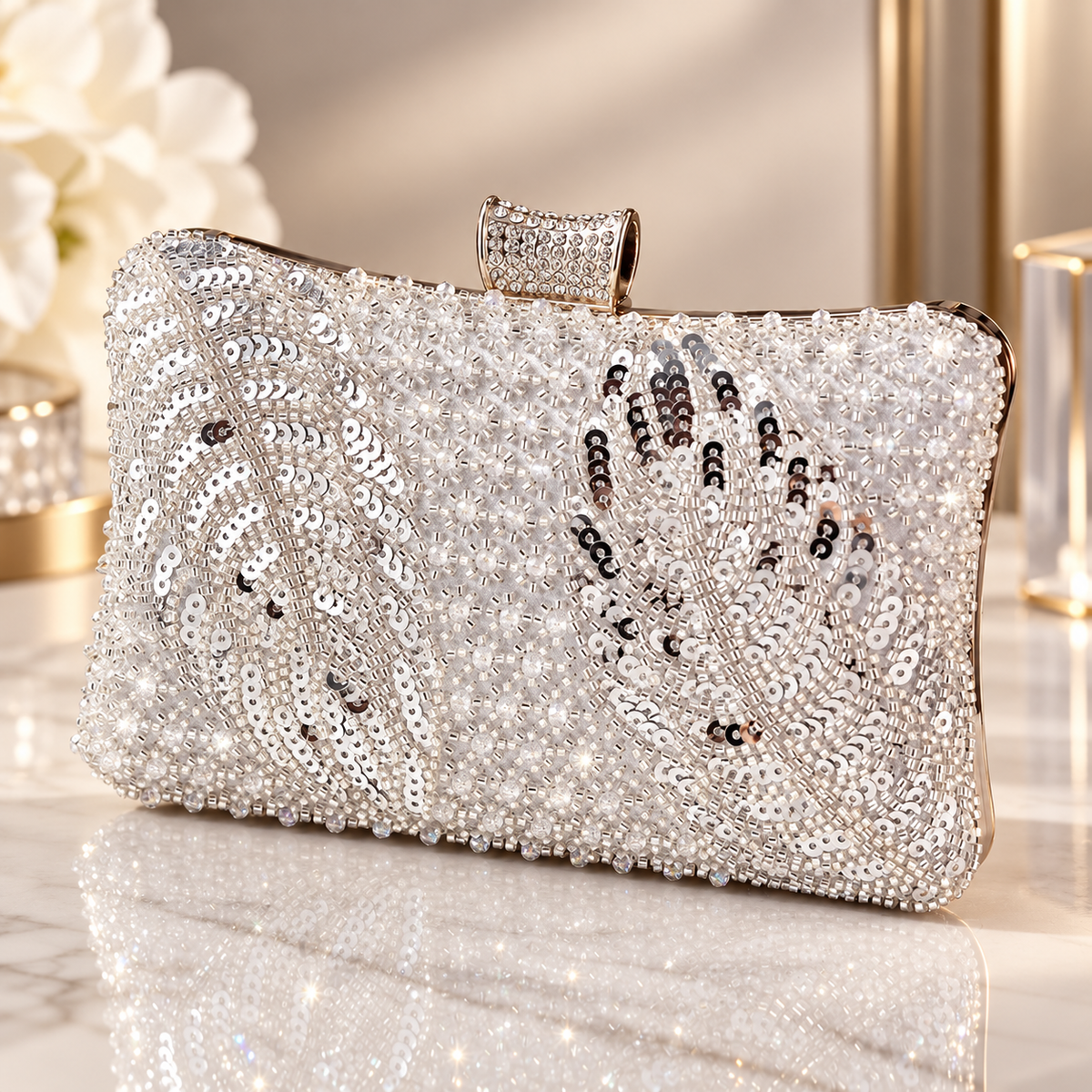 Elodie Beaded Sequin Evening Clutch with Crystal Clasp